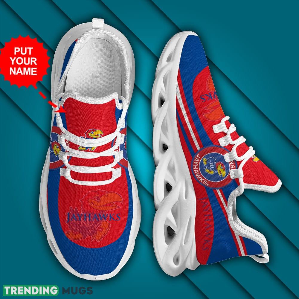 Kansas Jayhawks Logo Stripe Pattern Custom Name 3D Max Soul Sneaker Shoes In Blue And Red Max Soul Kansas Jayhawks Logo Stripe Pattern Custom Name 3D Max Soul Sneaker Shoes In Blue And Red Max Soul
