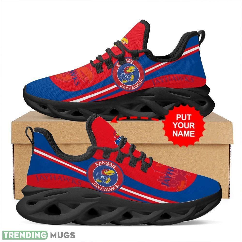 Kansas Jayhawks Logo Stripe Pattern Custom Name 3D Max Soul Sneaker Shoes In Blue And Red Max Soul Kansas Jayhawks Logo Stripe Pattern Custom Name 3D Max Soul Sneaker Shoes In Blue And Red Max Soul