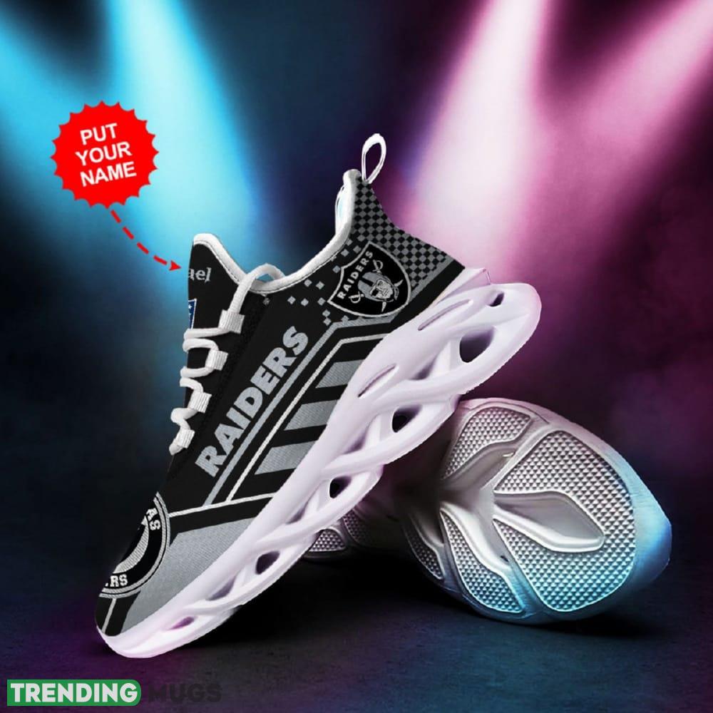 Las Vegas Raiders Logo Custom Name Pattern 3D Max Soul Sneaker Shoes In Black And Gray Max Soul Las Vegas Raiders Logo Custom Name Pattern 3D Max Soul Sneaker Shoes In Black And Gray Max Soul