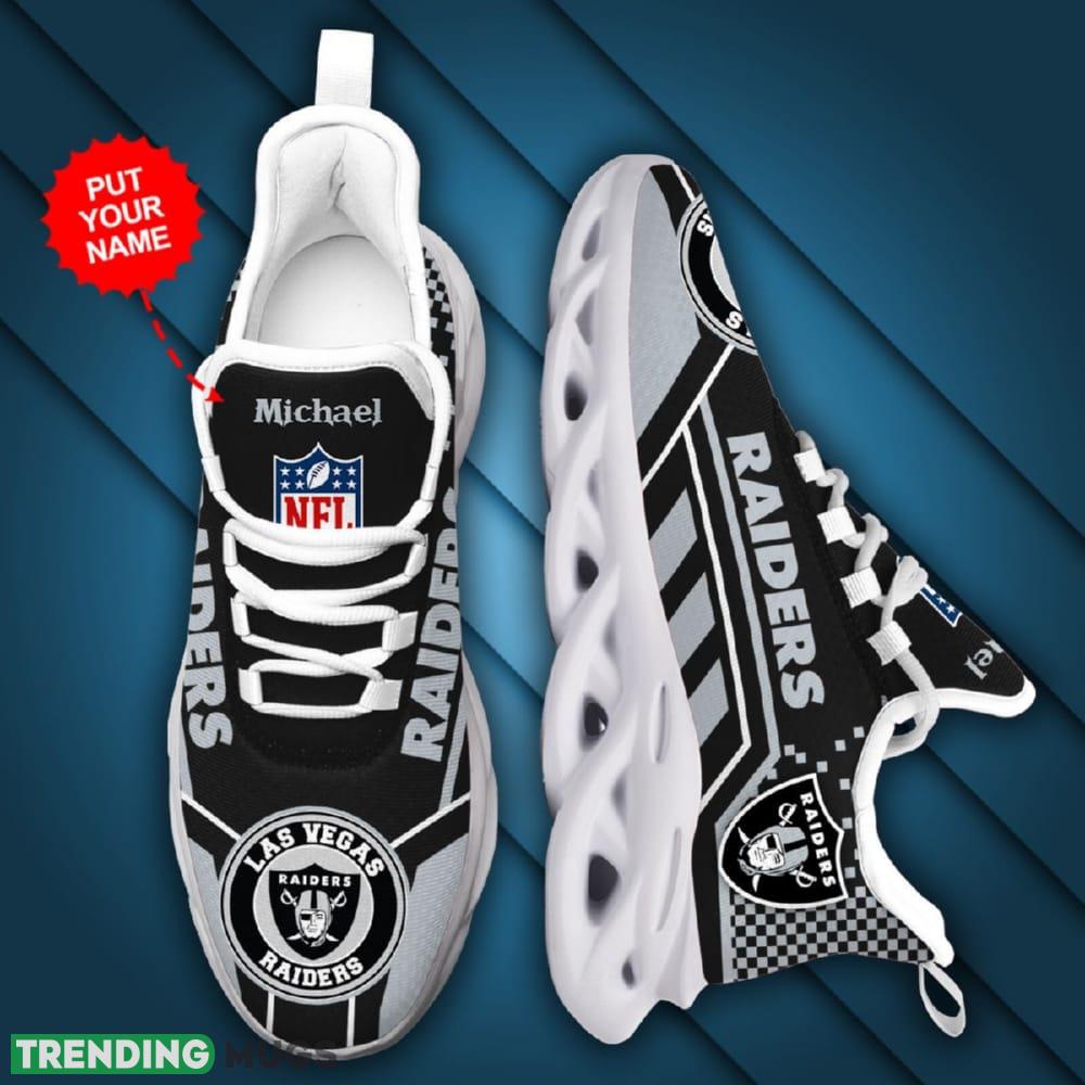 Las Vegas Raiders Logo Custom Name Pattern 3D Max Soul Sneaker Shoes In Black And Gray Max Soul Las Vegas Raiders Logo Custom Name Pattern 3D Max Soul Sneaker Shoes In Black And Gray Max Soul