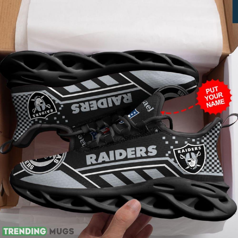 Las Vegas Raiders Logo Custom Name Pattern 3D Max Soul Sneaker Shoes In Black And Gray Max Soul Las Vegas Raiders Logo Custom Name Pattern 3D Max Soul Sneaker Shoes In Black And Gray Max Soul