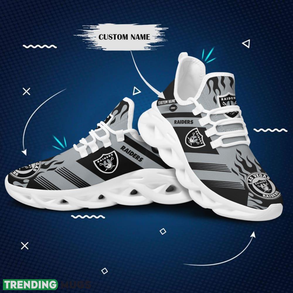 Las Vegas Raiders Logo Custom Name Pattern 3D Max Soul Sneaker Shoes In Gray And Black Max Soul Las Vegas Raiders Logo Custom Name Pattern 3D Max Soul Sneaker Shoes In Gray And Black Max Soul