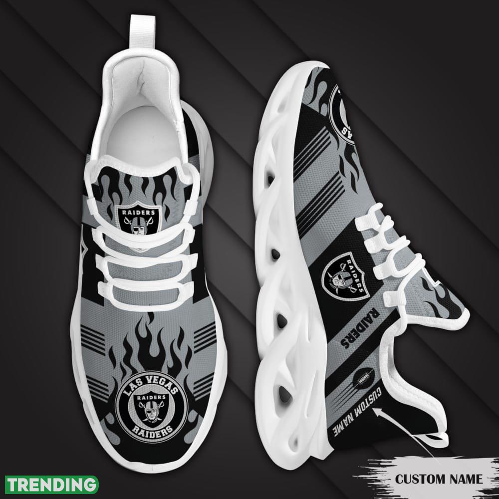 Las Vegas Raiders Logo Custom Name Pattern 3D Max Soul Sneaker Shoes In Gray And Black Max Soul Las Vegas Raiders Logo Custom Name Pattern 3D Max Soul Sneaker Shoes In Gray And Black Max Soul