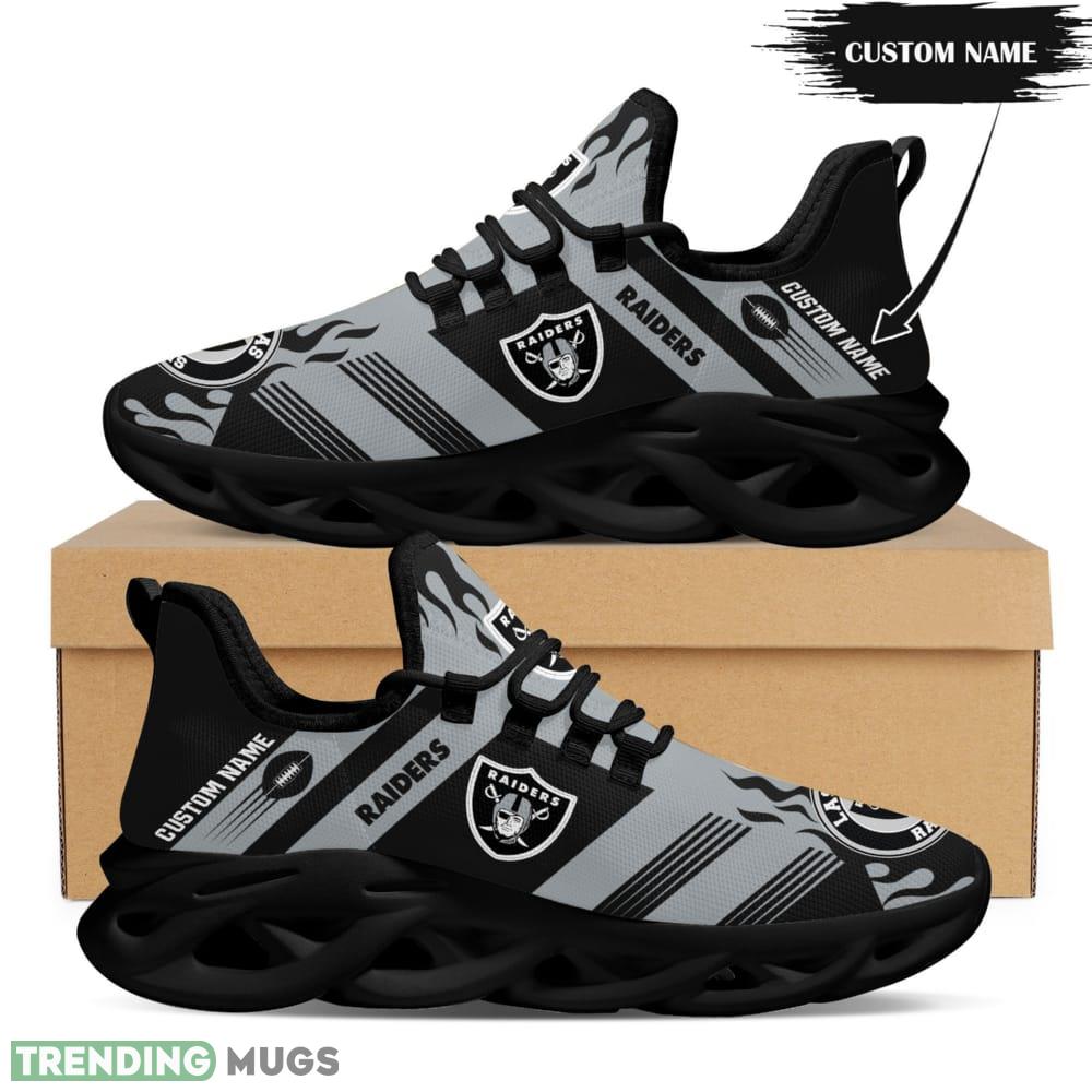Las Vegas Raiders Logo Custom Name Pattern 3D Max Soul Sneaker Shoes In Gray And Black Max Soul Las Vegas Raiders Logo Custom Name Pattern 3D Max Soul Sneaker Shoes In Gray And Black Max Soul