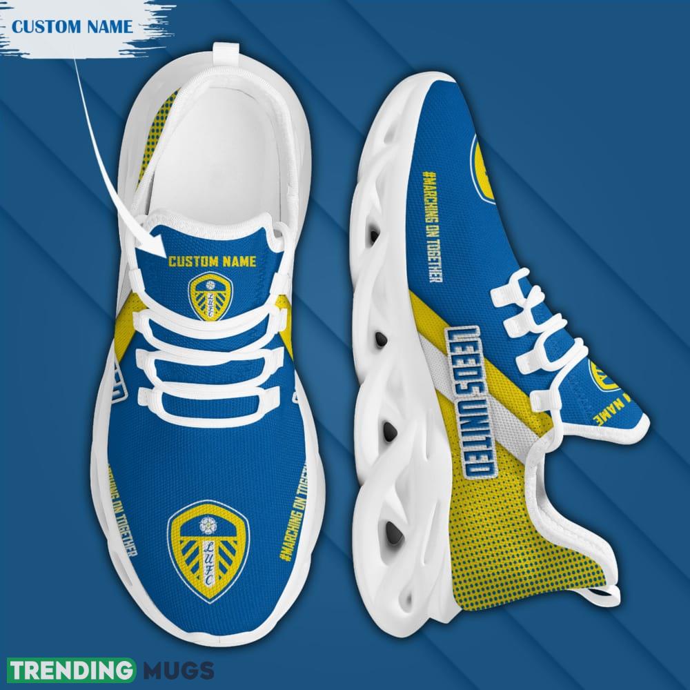 Leeds United Logo Custom Name Pattern 3D Max Soul Sneaker Shoes In Blue And Yellow Max Soul Leeds United Logo Custom Name Pattern 3D Max Soul Sneaker Shoes In Blue And Yellow Max Soul
