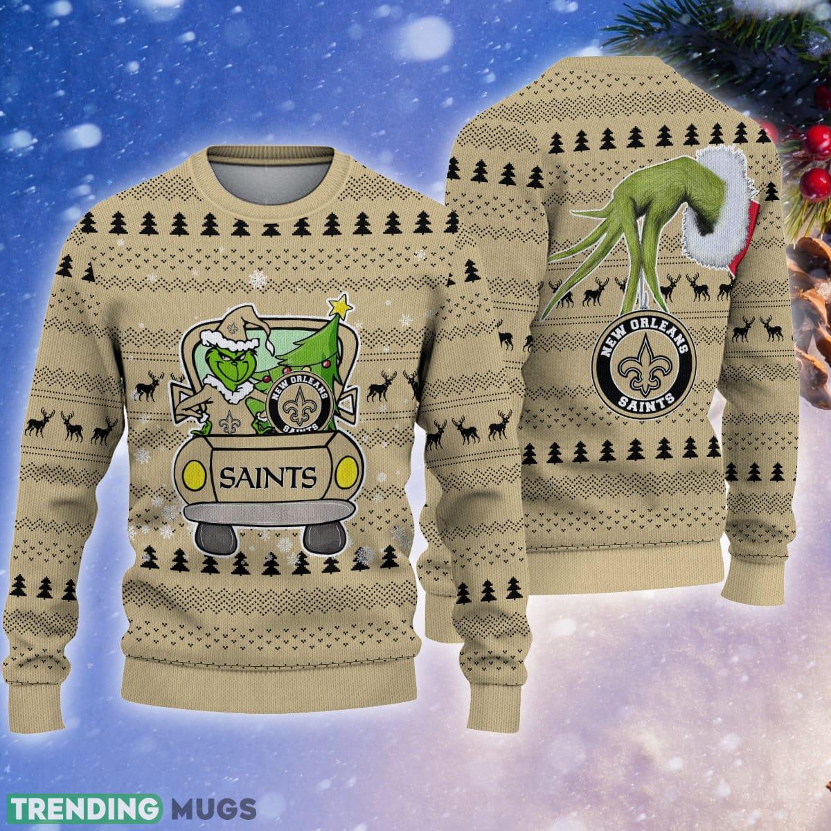 New Orleans Saints And Grinch Driving With Pine Trees Ugly Xmas Sweater Gift For Fans - New Orleans Saints And Grinch Driving With Pine Trees Ugly Xmas Sweater Gift For Fans New Orleans Saints And Grinch Driving With Pine Trees Ugly Xmas Sweater Gift For Fans - New Orleans Saints And Grinch Driving With Pine Trees Ugly Xmas Sweater Gift For Fans