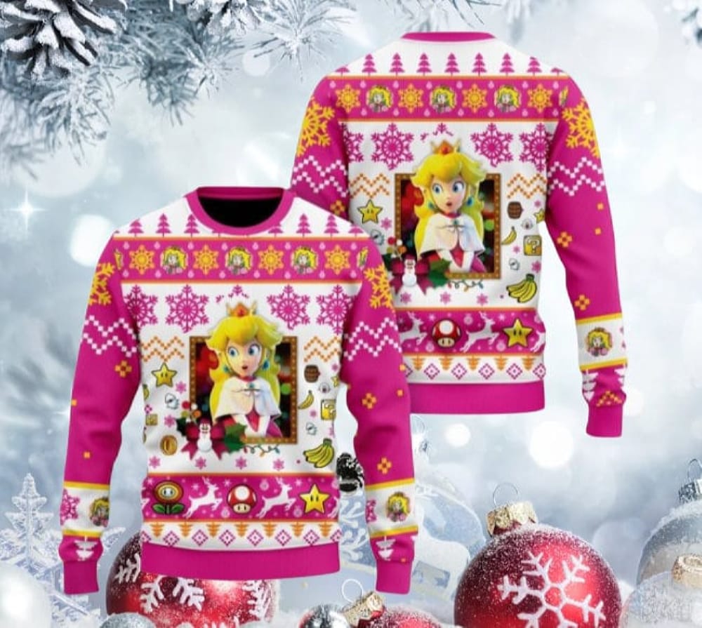 Super Mario Peach Ugly Christmas Sweater Princess Peach Xmas Sweater Xmas Gifts Ugly Christmas Pattern Christmas Sweatshirt Gift for Fan - 031223-084543 Super Mario Peach Ugly Christmas Sweater Princess Peach Xmas Sweater Xmas Gifts Ugly Christmas Pattern Christmas Sweatshirt Gift for Fan - 031223-084543