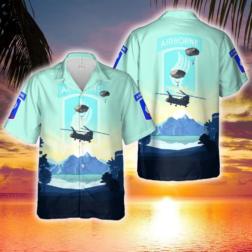 US Army Paratroopers 173rd Infantry Brigade Combat Team (Airborne) jump from a CH-47 Chinook into Bunker Drop Zone Hawaiian Shirt - 281223-074853 US Army Paratroopers 173rd Infantry Brigade Combat Team (Airborne) jump from a CH-47 Chinook into Bunker Drop Zone Hawaiian Shirt - 281223-074853