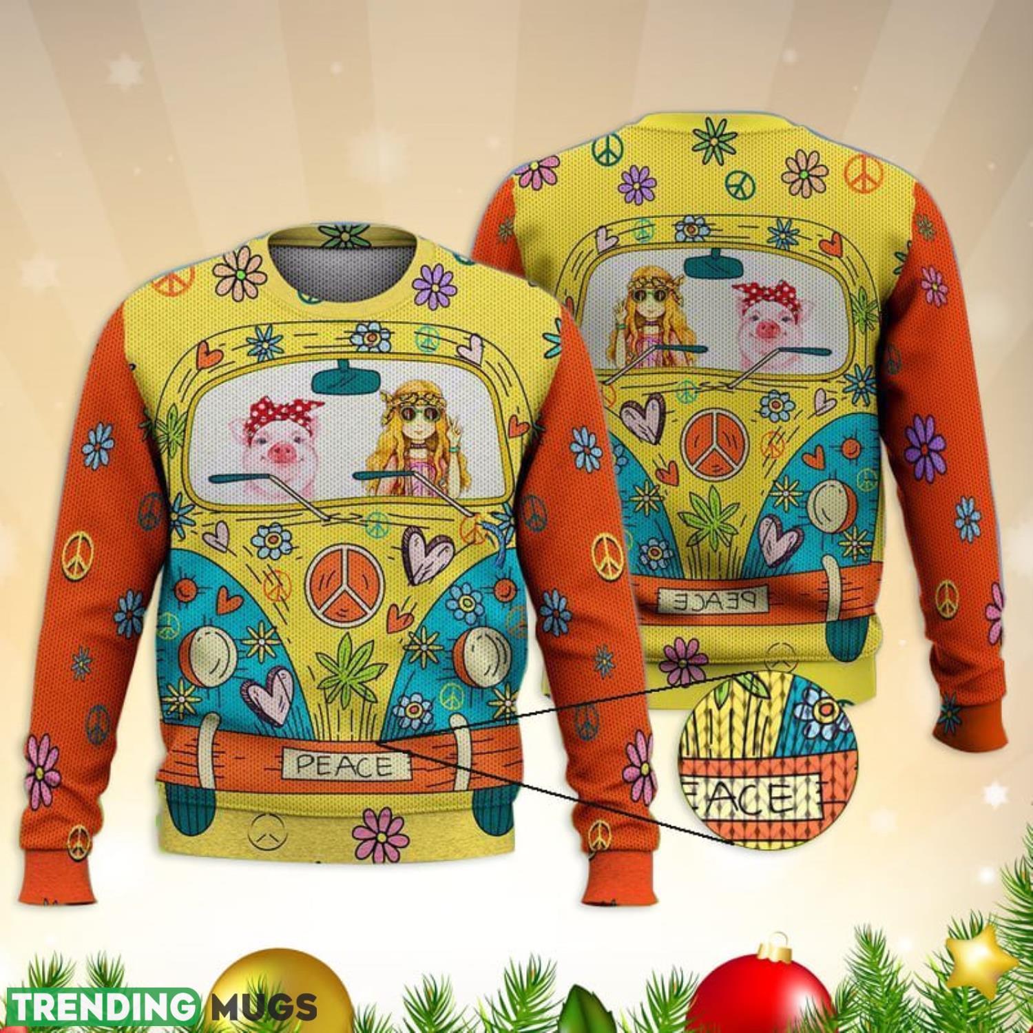 Hippie A Girl And Her Pig In The Car 3D Full Print Ugly Sweater Christmas Gift Sweater Product Photo 1 Hippie A Girl And Her Pig In The Car 3D Full Print Ugly Sweater Christmas Gift Sweater Product Photo 1
