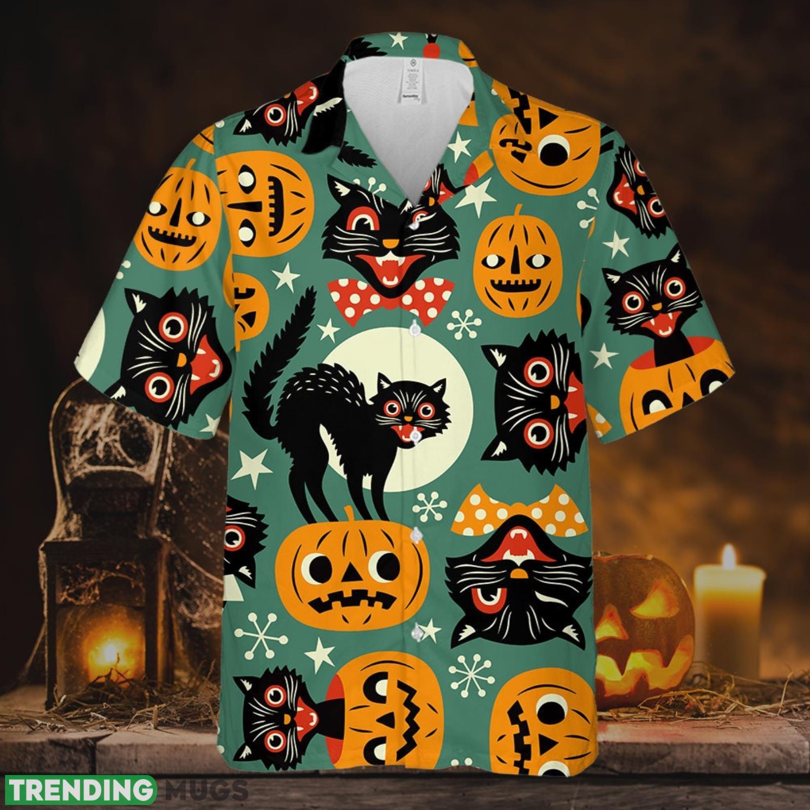 Horror Scary Black Cat And Pumpkin Face Halloween Hawaiian Shirt Summer Gift For Men And Women Product Photo 1