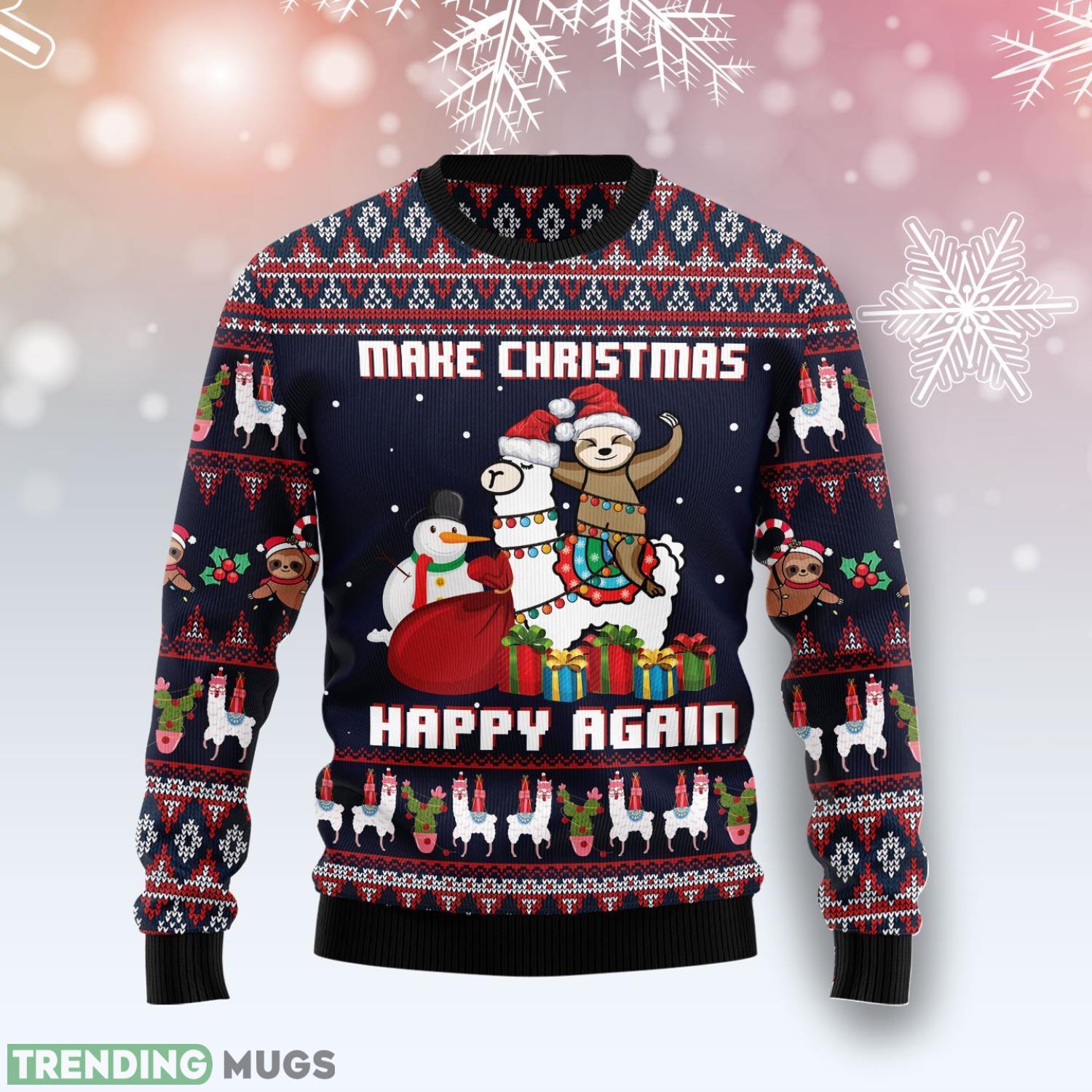 Llama Sloth Make Christmas Happy Again Funny Gift Ugly Christmas Sweater Product Photo 1 Llama Sloth Make Christmas Happy Again Funny Gift Ugly Christmas Sweater Product Photo 1
