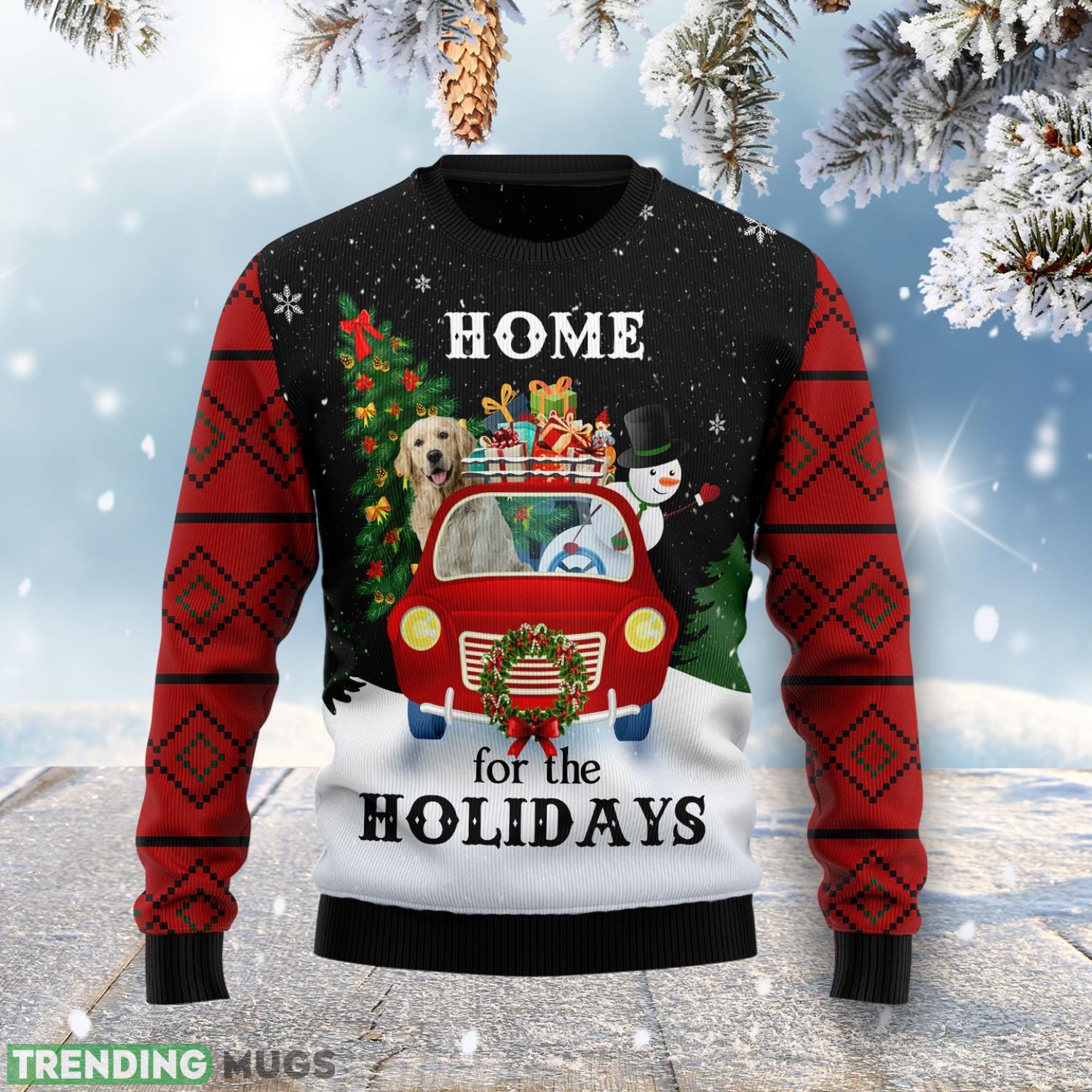 Merry Christmas Golden Retriever And Snowman Home For The Holidays Ugly Christmas Sweater Product Photo 1