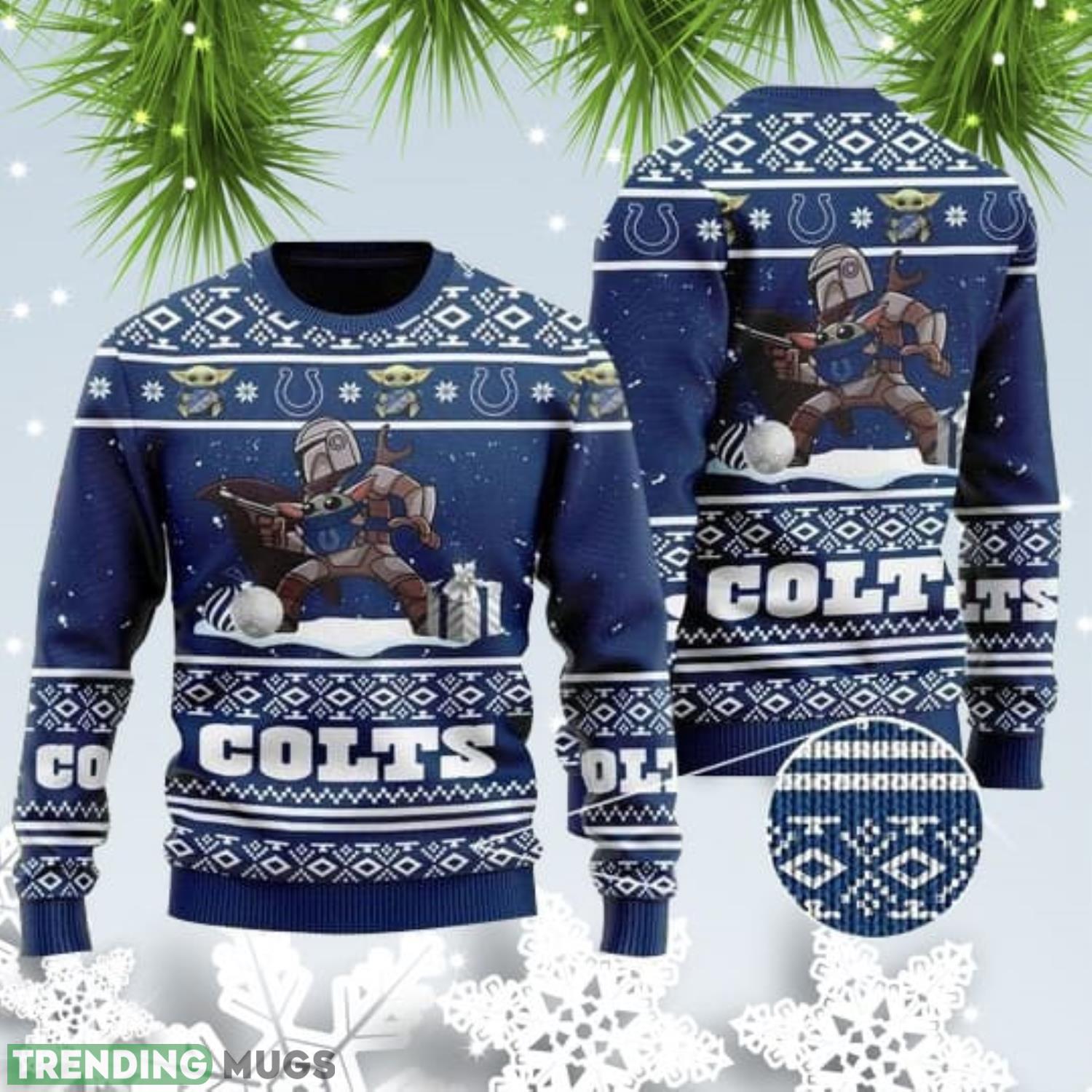 Ugly Christmas SweaterBaby Yoda Boba Fett The Mandalorian Indianapolis Colts For Christmas Ugly Sweater Product Photo 1 Ugly Christmas SweaterBaby Yoda Boba Fett The Mandalorian Indianapolis Colts For Christmas Ugly Sweater Product Photo 1