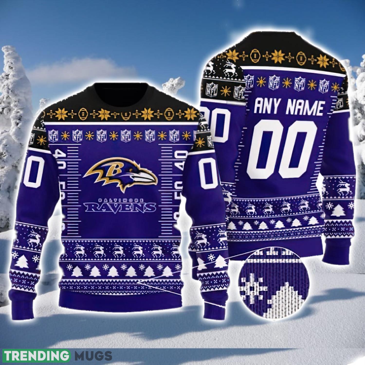 Custom Name And Number NFL Baltimore Ravens Team Ugly Christmas Sweater Christmas Gift Product Photo 1 Custom Name And Number NFL Baltimore Ravens Team Ugly Christmas Sweater Christmas Gift Product Photo 1