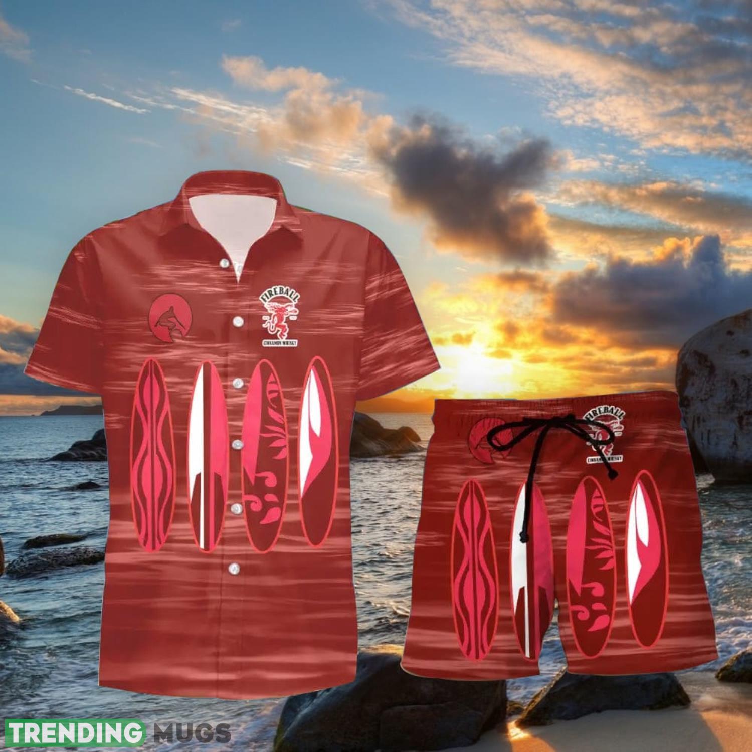 Fireball Cinnamon Whisky Surfboard Funny Summer Beach Hawaiian Shirt And Shorts Product Photo 1 Fireball Cinnamon Whisky Surfboard Funny Summer Beach Hawaiian Shirt And Shorts Product Photo 1