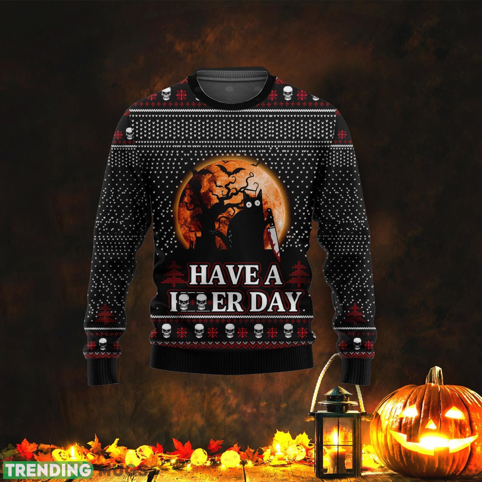 Halloween Black Cat Have A Killer Day Ugly Christmas Sweater Unisex 3D Sweater Christmas Gift Product Photo 1 Halloween Black Cat Have A Killer Day Ugly Christmas Sweater Unisex 3D Sweater Christmas Gift Product Photo 1