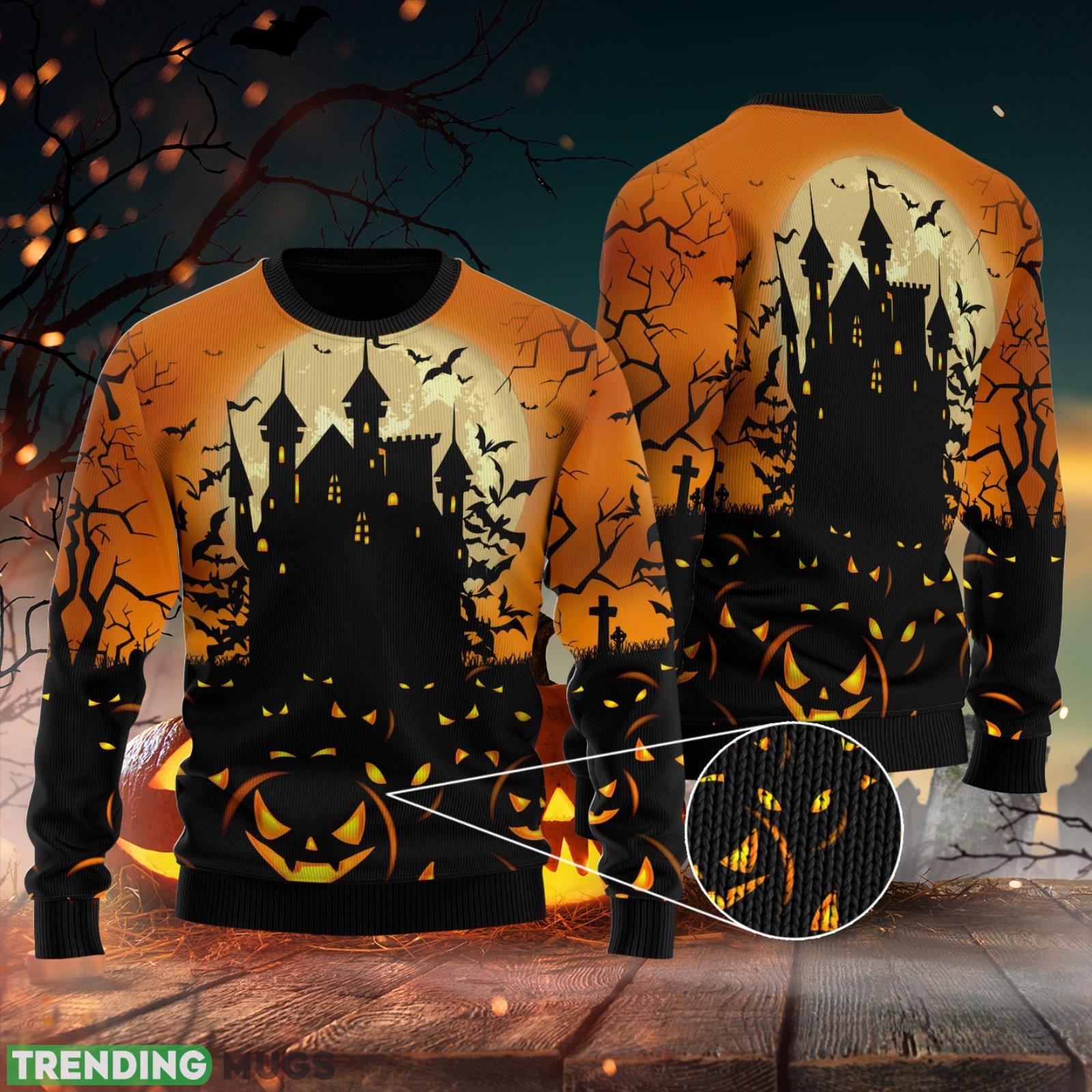 Halloween Pumpkin Field and Dark Castle Ugly Christmas Sweater Unisex 3D Sweater Christmas Gift Product Photo 1 Halloween Pumpkin Field and Dark Castle Ugly Christmas Sweater Unisex 3D Sweater Christmas Gift Product Photo 1