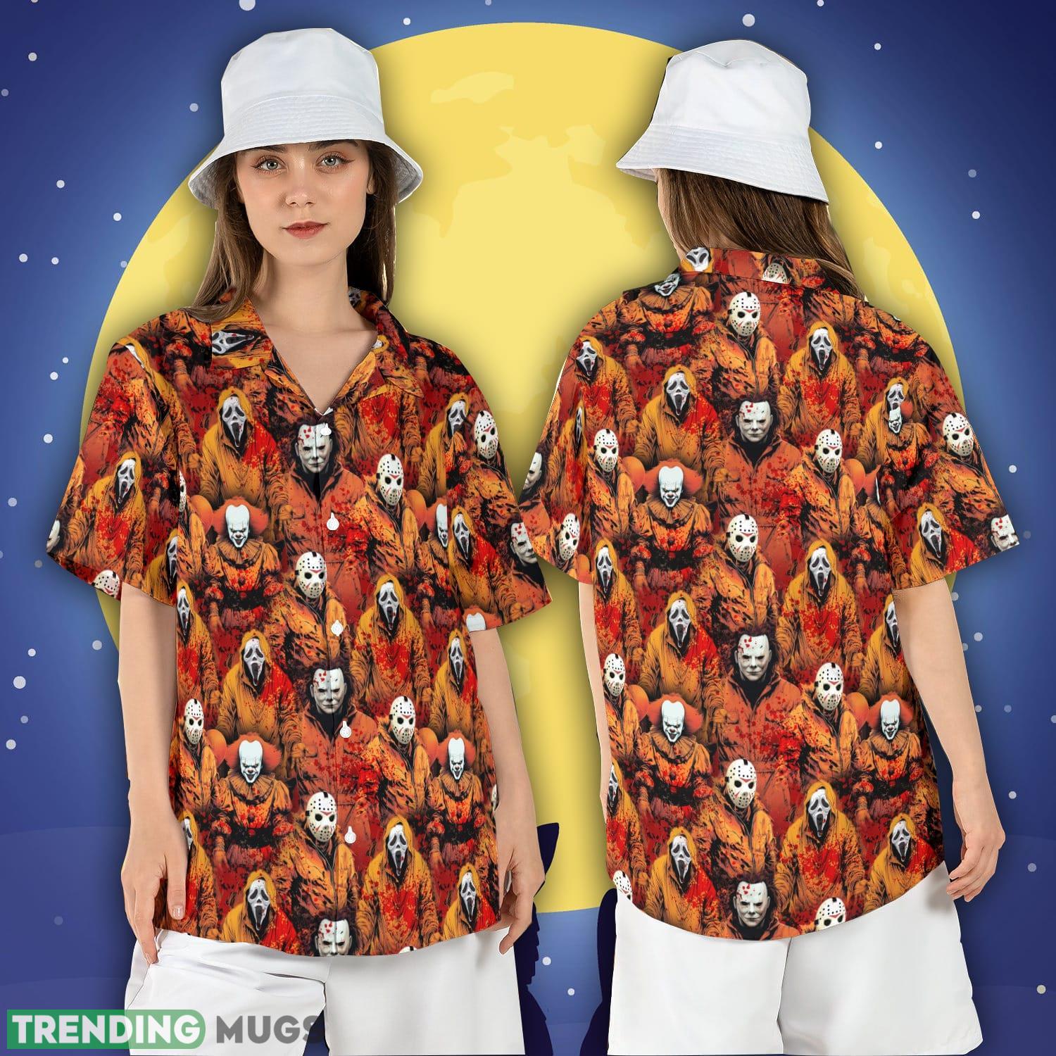 Horror Characters Halloween Orange Hawaiian Shirt Horror Movie Killers Button Shirt Product Photo 1 Horror Characters Halloween Orange Hawaiian Shirt Horror Movie Killers Button Shirt Product Photo 1