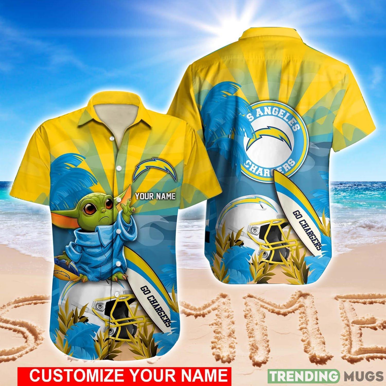Los Angeles Chargers NFL Baby Yoda Hawaiian shirt Custom Name Special Summer Gift For Fans Product Photo 1 Los Angeles Chargers NFL Baby Yoda Hawaiian shirt Custom Name Special Summer Gift For Fans Product Photo 1