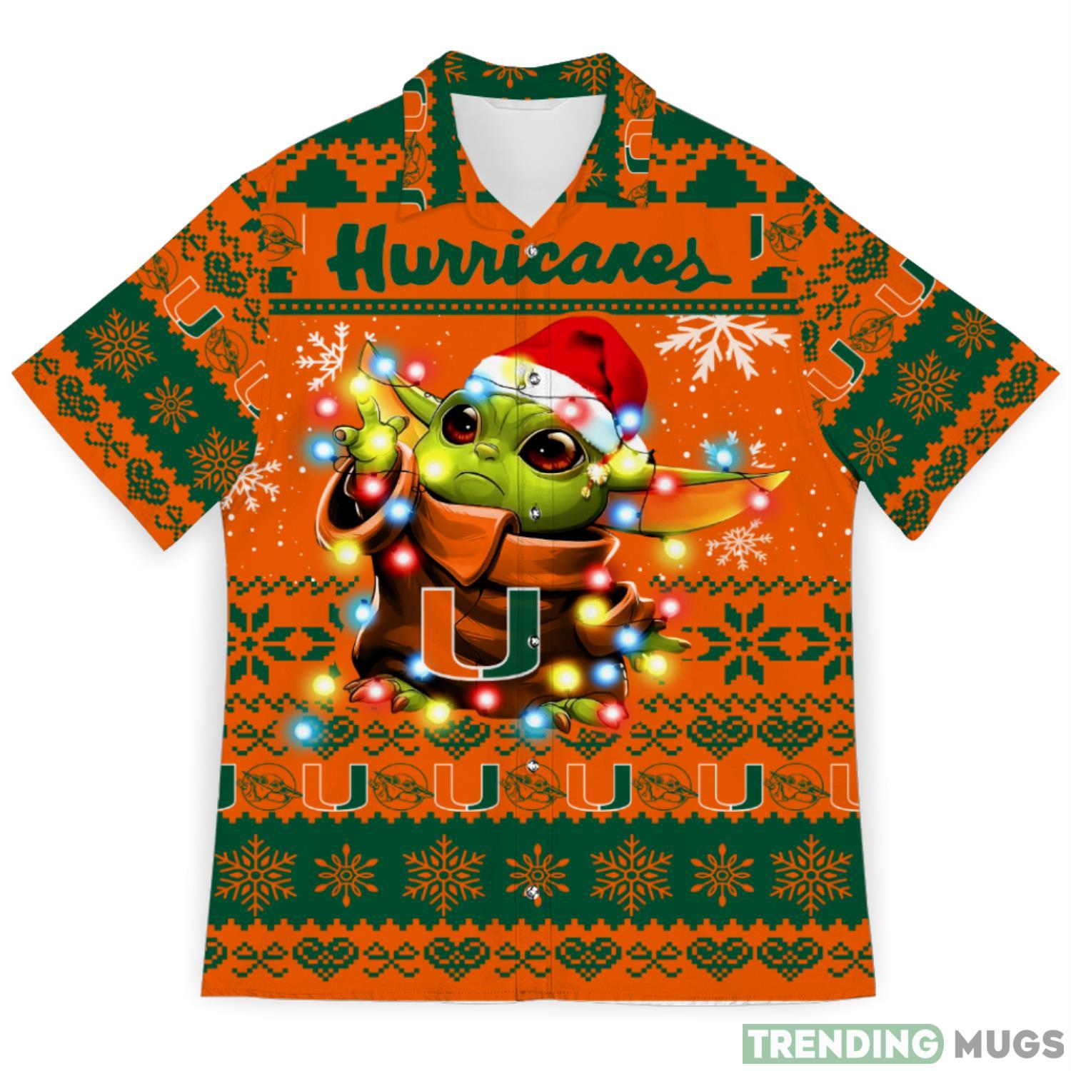 Miami Hurricanes Baby Yoda Star Wars Ugly Christmas Sweater Pattern 3D Hawaiian Shirt Christmas Gift Product Photo 1 Miami Hurricanes Baby Yoda Star Wars Ugly Christmas Sweater Pattern 3D Hawaiian Shirt Christmas Gift Product Photo 1