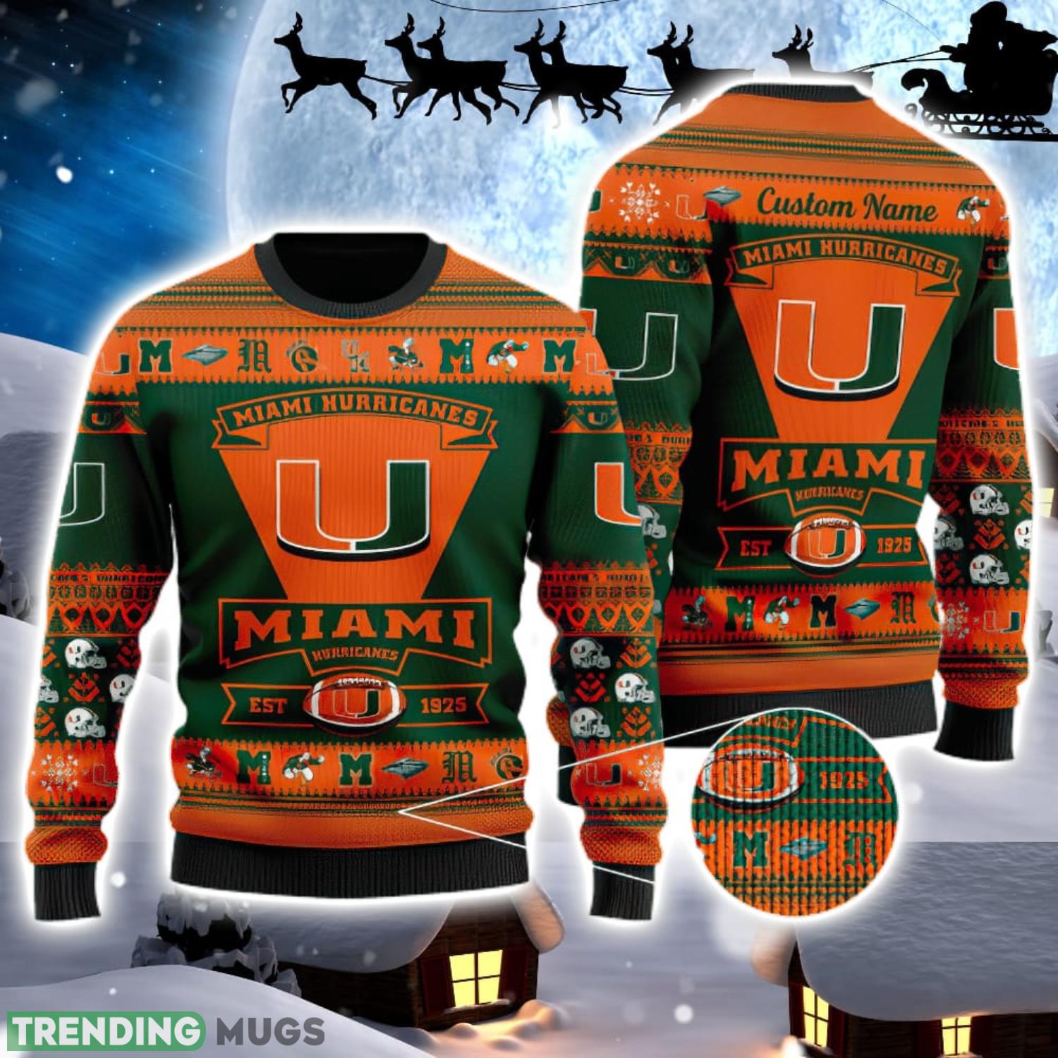 Miami Hurricanes Logo Custom Name For Football Fans Ugly Christmas Sweater Christmas Gift Product Photo 1 Miami Hurricanes Logo Custom Name For Football Fans Ugly Christmas Sweater Christmas Gift Product Photo 1