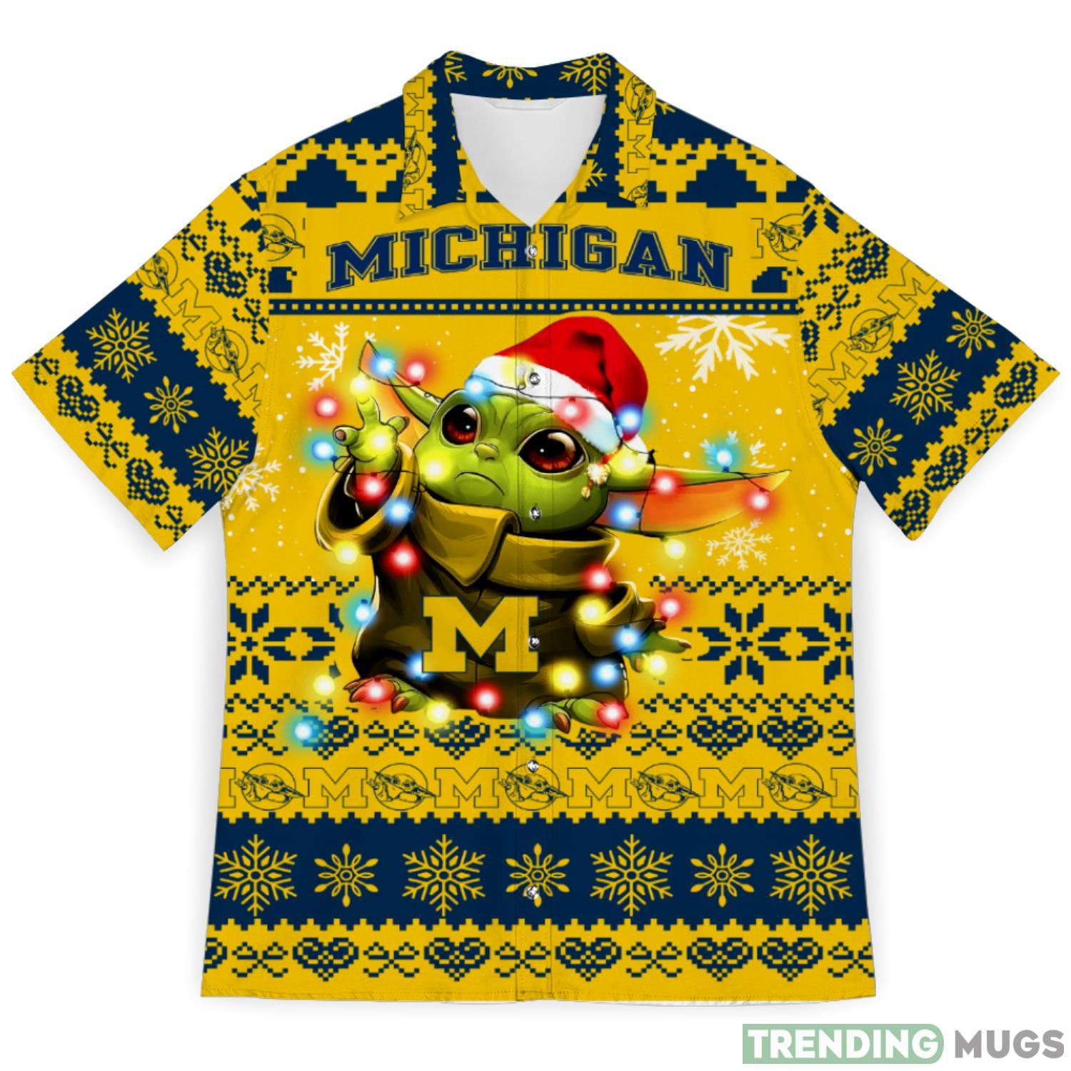 Michigan Wolverines Baby Yoda Star Wars Ugly Christmas Sweater Pattern 3D Hawaiian Shirt Christmas Gift Product Photo 1 Michigan Wolverines Baby Yoda Star Wars Ugly Christmas Sweater Pattern 3D Hawaiian Shirt Christmas Gift Product Photo 1