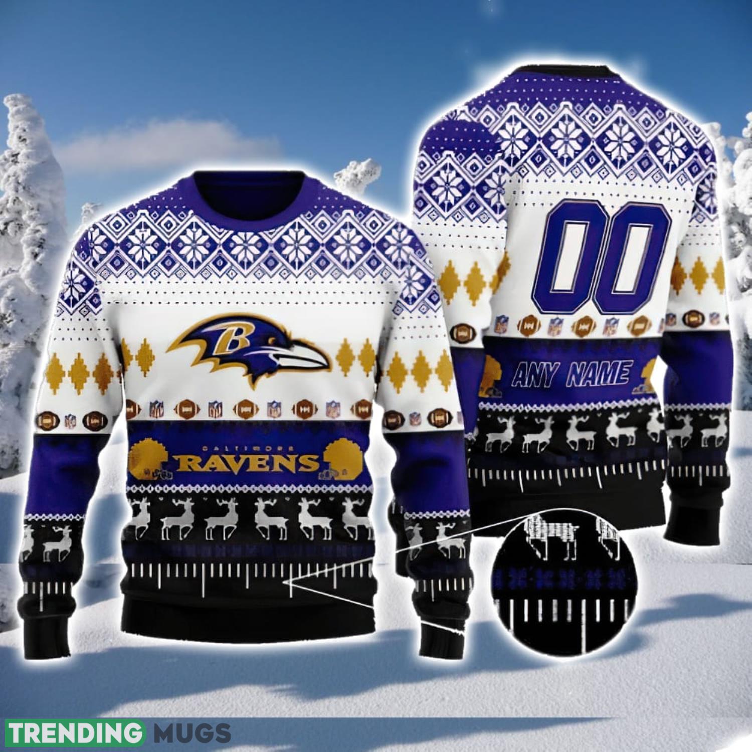 NFL Baltimore Ravens Custom Name And Number 3D Ugly Christmas Sweater Christmas Gift Product Photo 1 NFL Baltimore Ravens Custom Name And Number 3D Ugly Christmas Sweater Christmas Gift Product Photo 1