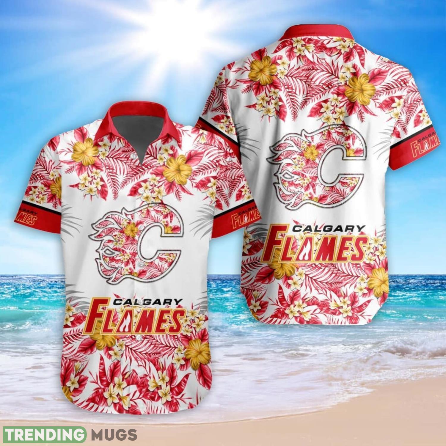 NHL Calgary Flames Special Tropical Flower Hawaiian Shirt For Fans Product Photo 1 NHL Calgary Flames Special Tropical Flower Hawaiian Shirt For Fans Product Photo 1