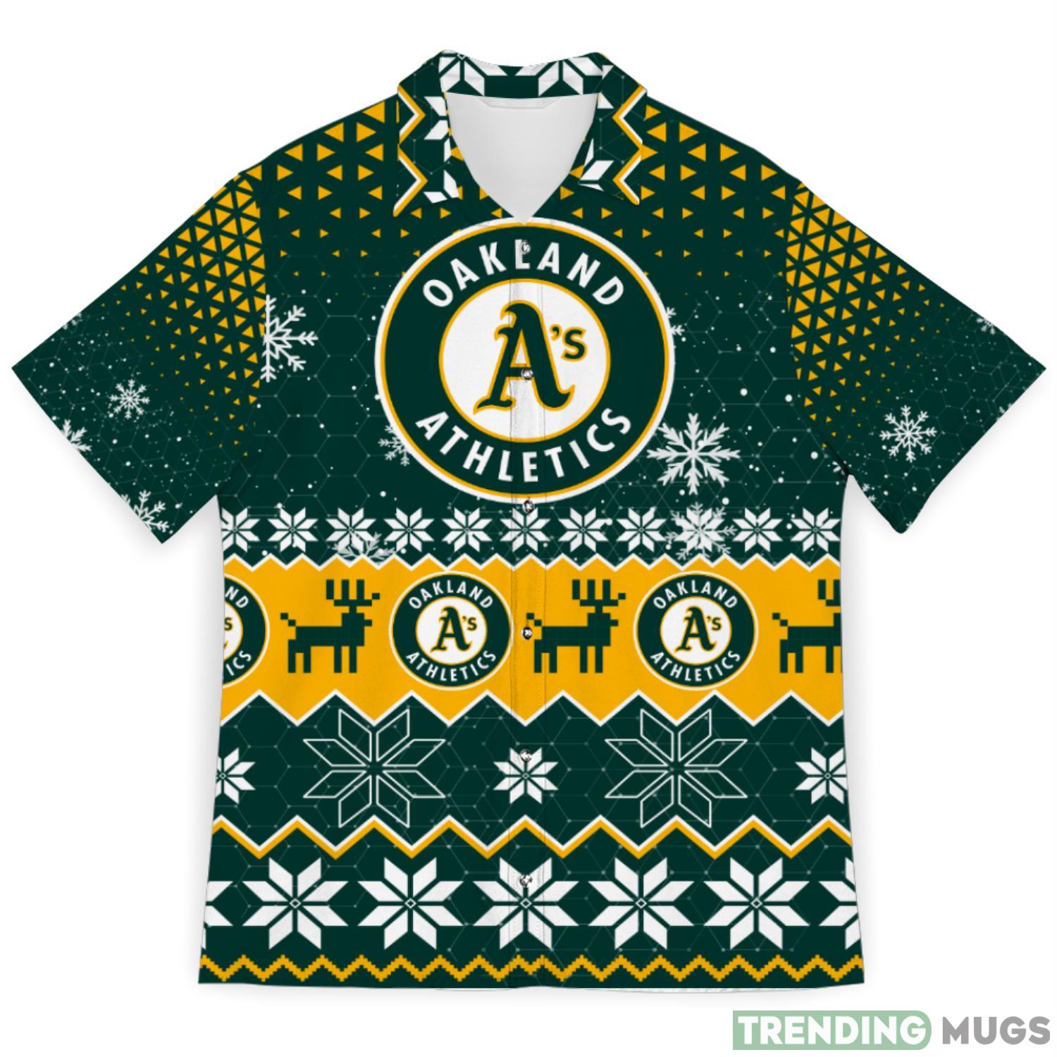 Oakland Athletics Snowflake Pattern 3D Hawaiian Shirt Christmas Gift Product Photo 1 Oakland Athletics Snowflake Pattern 3D Hawaiian Shirt Christmas Gift Product Photo 1