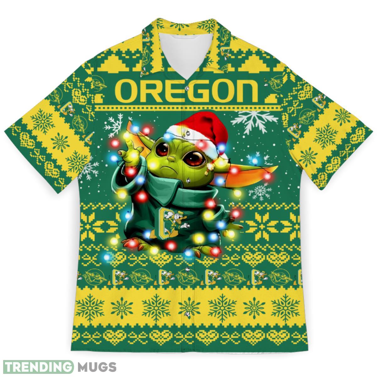 Oregon Ducks Baby Yoda Star Wars Sports Football Ugly Christmas Sweater Pattern 3D Hawaiian Shirt Christmas Gift Product Photo 1 Oregon Ducks Baby Yoda Star Wars Sports Football Ugly Christmas Sweater Pattern 3D Hawaiian Shirt Christmas Gift Product Photo 1