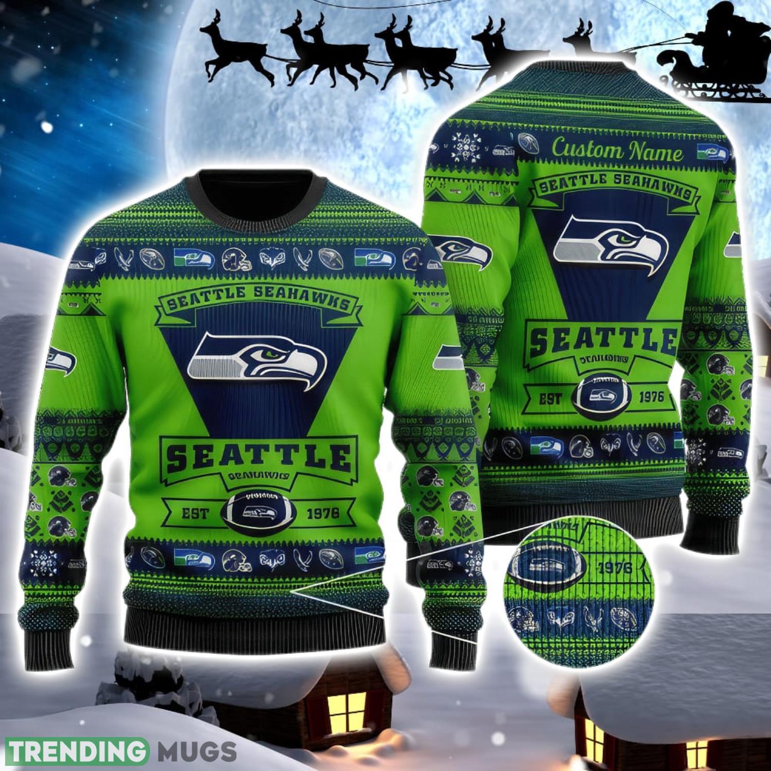Seattle Seahawks Logo Custom Name For Football Fans Ugly Christmas Sweater Christmas Gift Product Photo 1 Seattle Seahawks Logo Custom Name For Football Fans Ugly Christmas Sweater Christmas Gift Product Photo 1