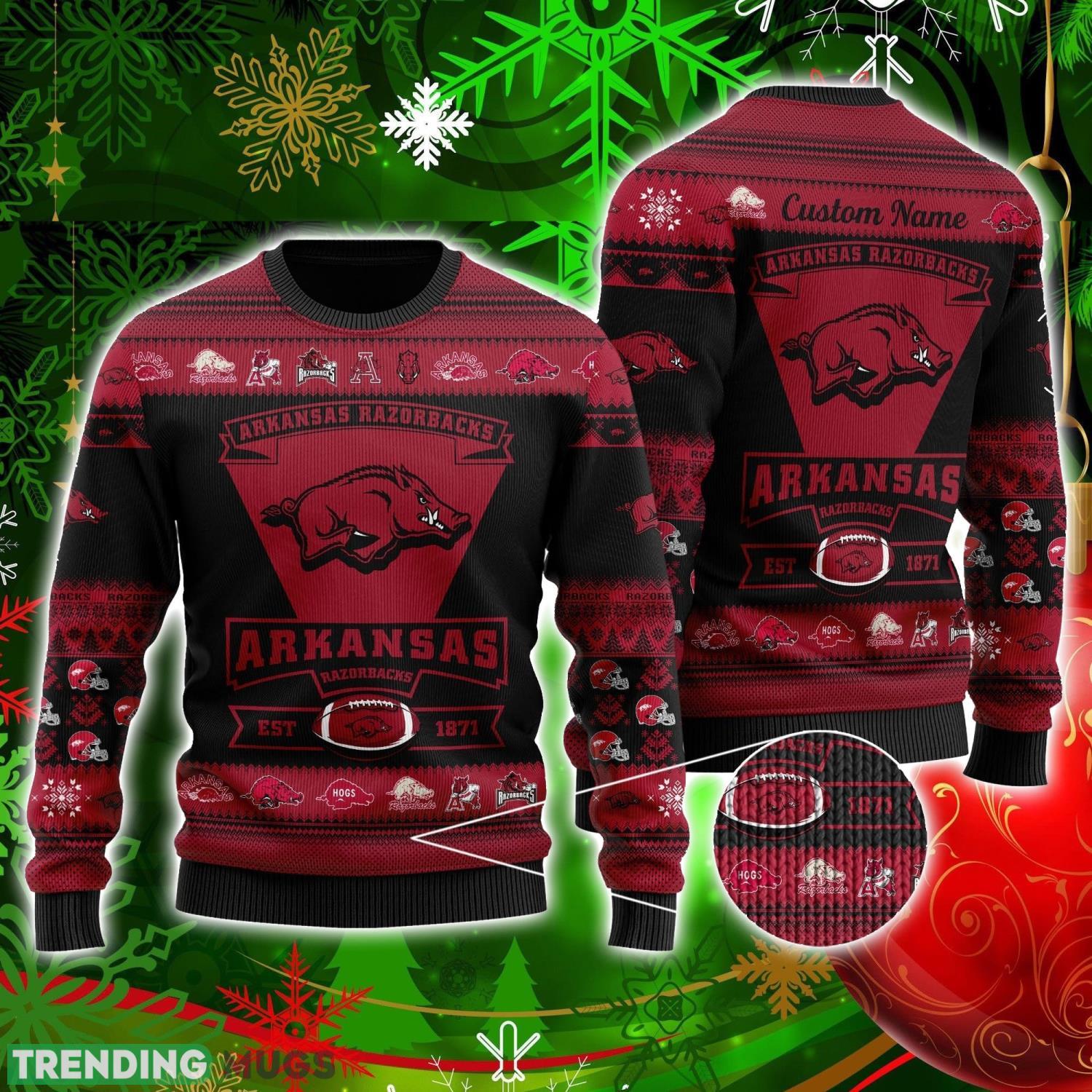Arkansas Razorbacks Football Team Logo Custom Name Personalized Ugly Christmas Sweater Christmas Gift For Big Fans Product Photo 1 Arkansas Razorbacks Football Team Logo Custom Name Personalized Ugly Christmas Sweater Christmas Gift For Big Fans Product Photo 1