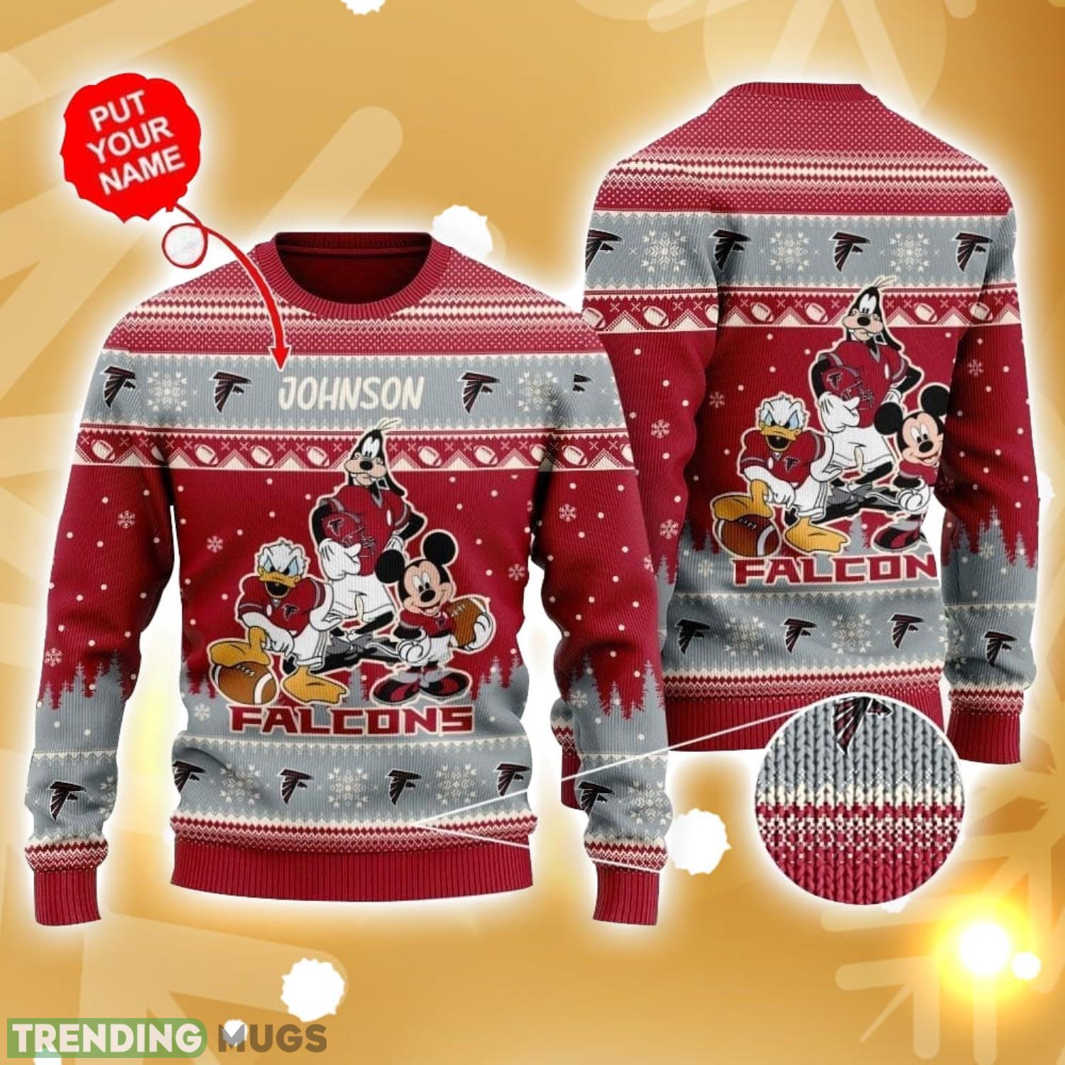 Atlanta Falcons Disney Donald Duck Mickey Mouse Goofy Custom Name Sport Fans Christmas Gift Ugly Christmas Sweater Product Photo 1 Atlanta Falcons Disney Donald Duck Mickey Mouse Goofy Custom Name Sport Fans Christmas Gift Ugly Christmas Sweater Product Photo 1