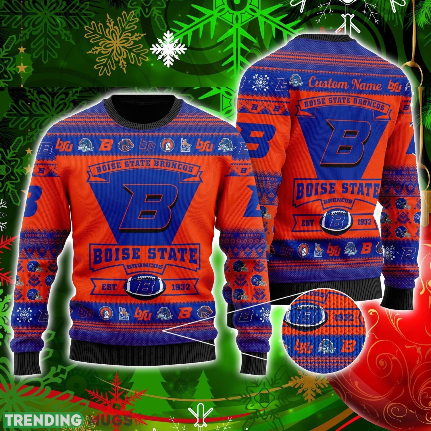 Boise State Broncos Football Team Logo Custom Name Personalized Ugly Christmas Sweater Christmas Gift For Big Fans Product Photo 1 Boise State Broncos Football Team Logo Custom Name Personalized Ugly Christmas Sweater Christmas Gift For Big Fans Product Photo 1