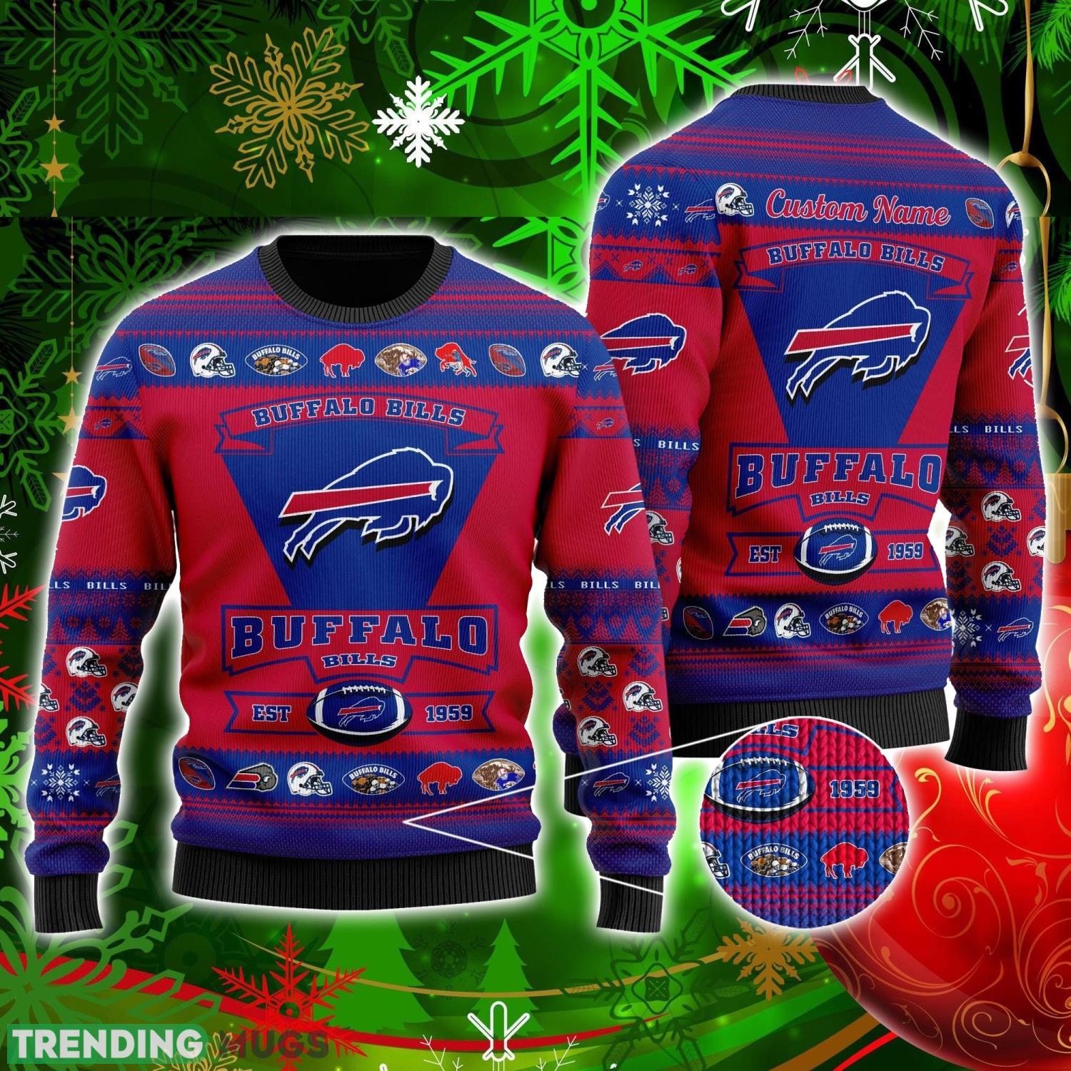 Buffalo Bills Football Team Logo Custom Name Personalized Ugly Christmas Sweater Christmas Gift For Big Fans Product Photo 1 Buffalo Bills Football Team Logo Custom Name Personalized Ugly Christmas Sweater Christmas Gift For Big Fans Product Photo 1