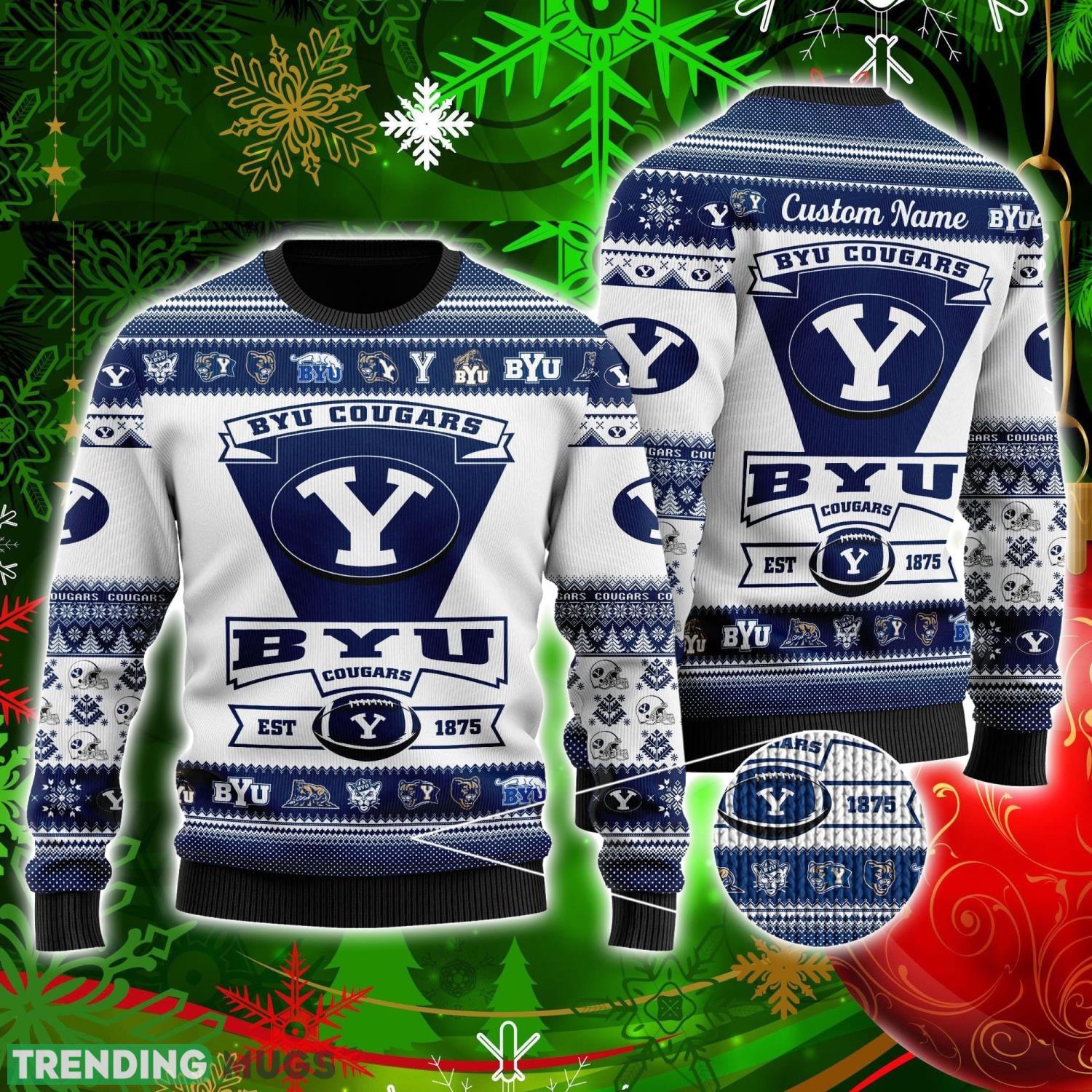 Byu Cougars Football Team Logo Custom Name Personalized Ugly Christmas Sweater Christmas Gift For Big Fans Product Photo 1 Byu Cougars Football Team Logo Custom Name Personalized Ugly Christmas Sweater Christmas Gift For Big Fans Product Photo 1