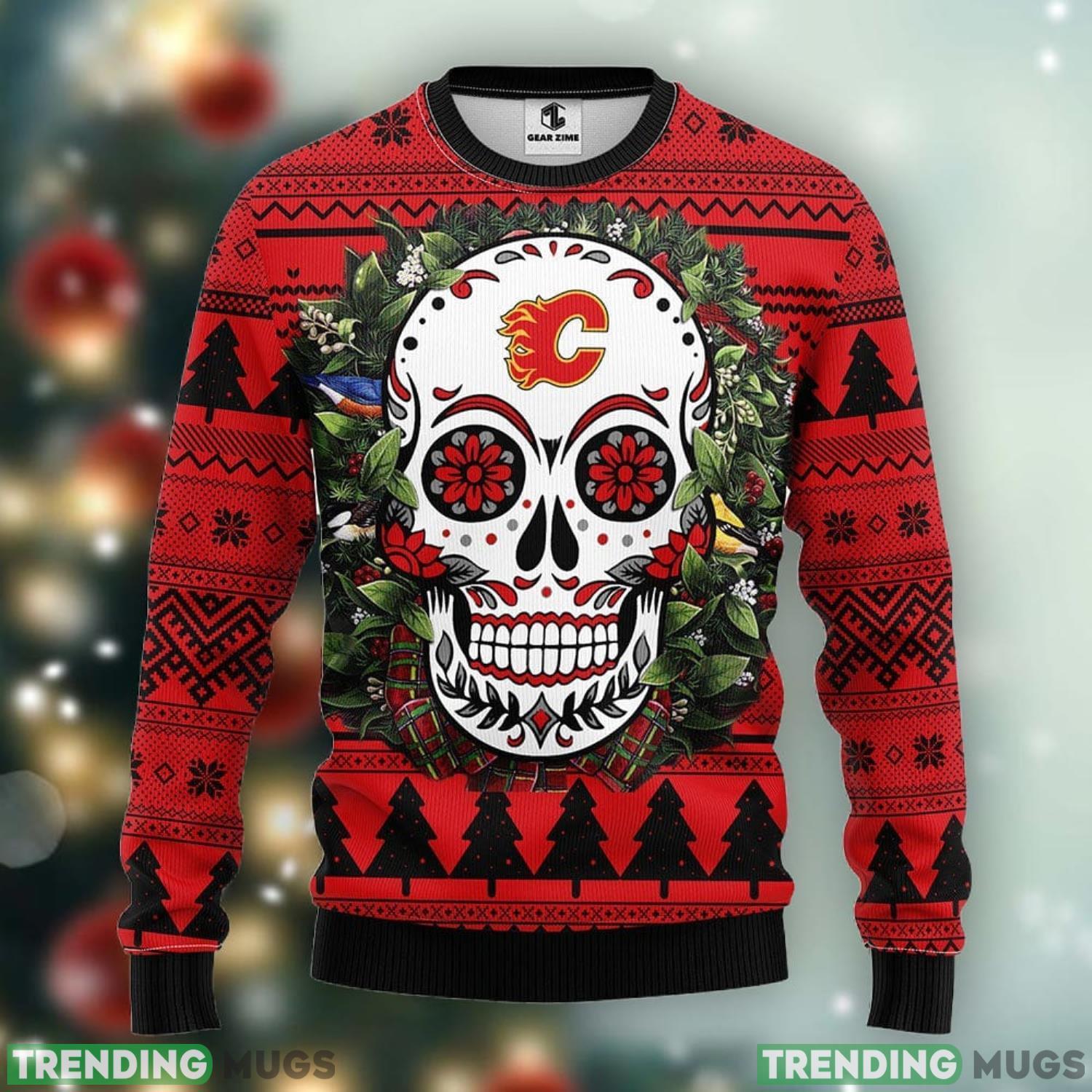 Calgary Flames Skull Flower Ugly Xmas Ugly Christmas Sweater Best Christmas Gift Ideas Product Photo 1 Calgary Flames Skull Flower Ugly Xmas Ugly Christmas Sweater Best Christmas Gift Ideas Product Photo 1