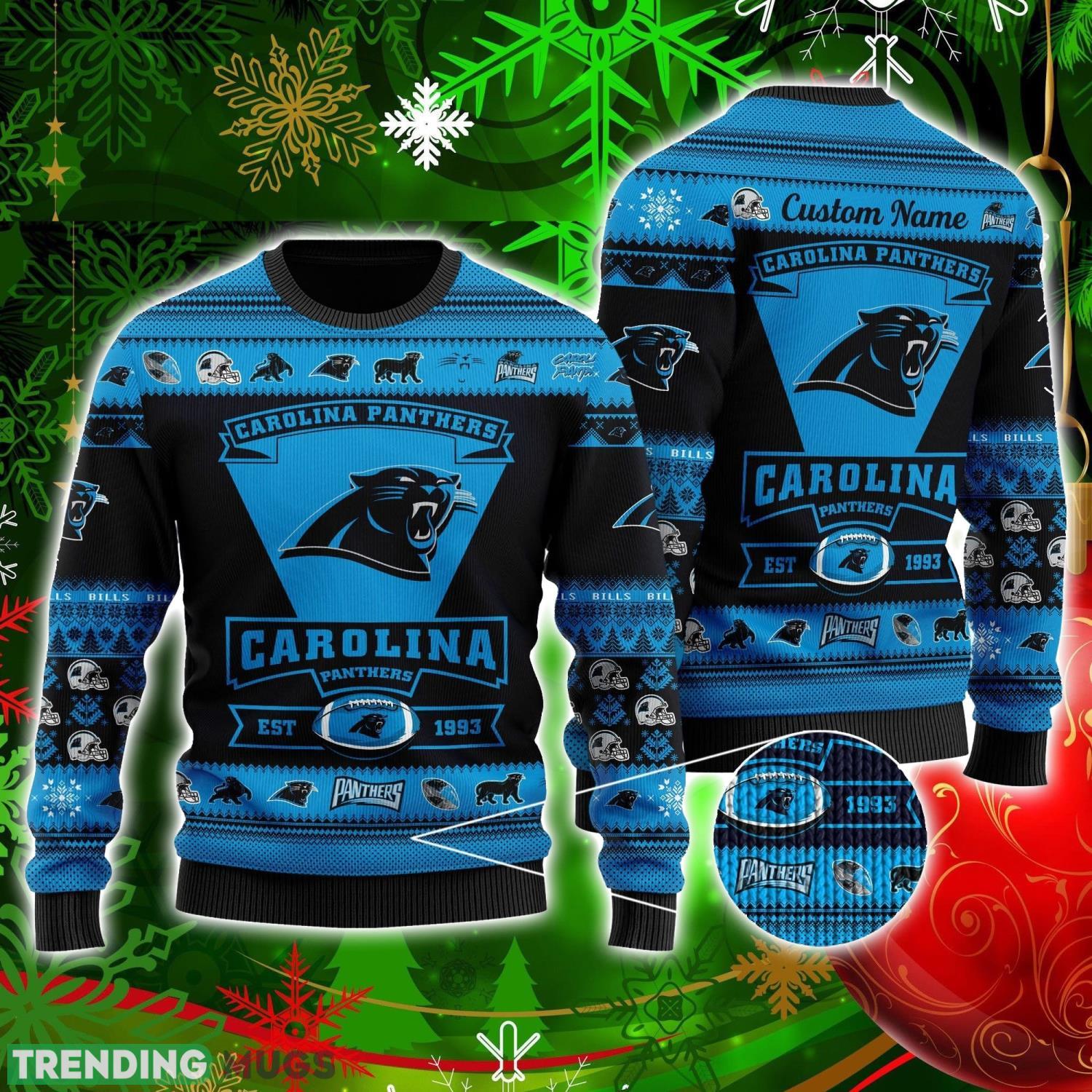 Carolina Panthers Football Team Logo Custom Name Personalized Ugly Christmas Sweater Christmas Gift For Big Fans Product Photo 1 Carolina Panthers Football Team Logo Custom Name Personalized Ugly Christmas Sweater Christmas Gift For Big Fans Product Photo 1