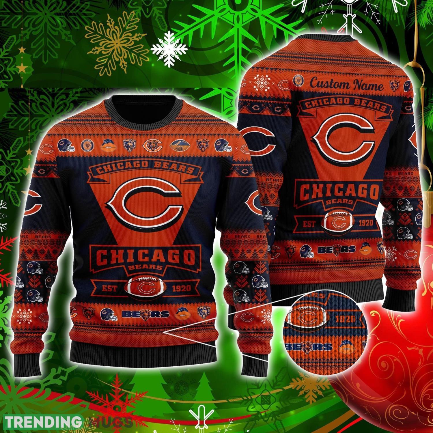 Chicago Bears Football Team Logo Custom Name Personalized Ugly Christmas Sweater Christmas Gift For Big Fans Product Photo 1 Chicago Bears Football Team Logo Custom Name Personalized Ugly Christmas Sweater Christmas Gift For Big Fans Product Photo 1