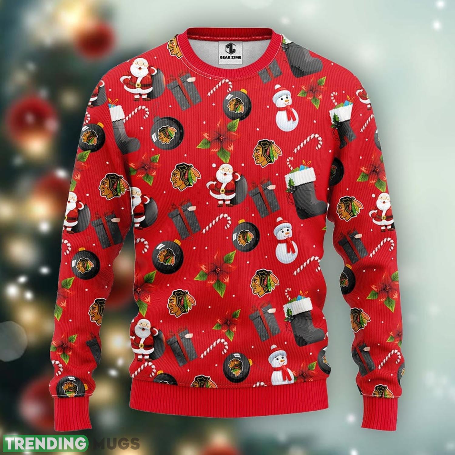 Chicago Blackhawks Santa Claus Snowman Xmas Ugly Christmas Sweater Best Christmas Gift Ideas Product Photo 1 Chicago Blackhawks Santa Claus Snowman Xmas Ugly Christmas Sweater Best Christmas Gift Ideas Product Photo 1