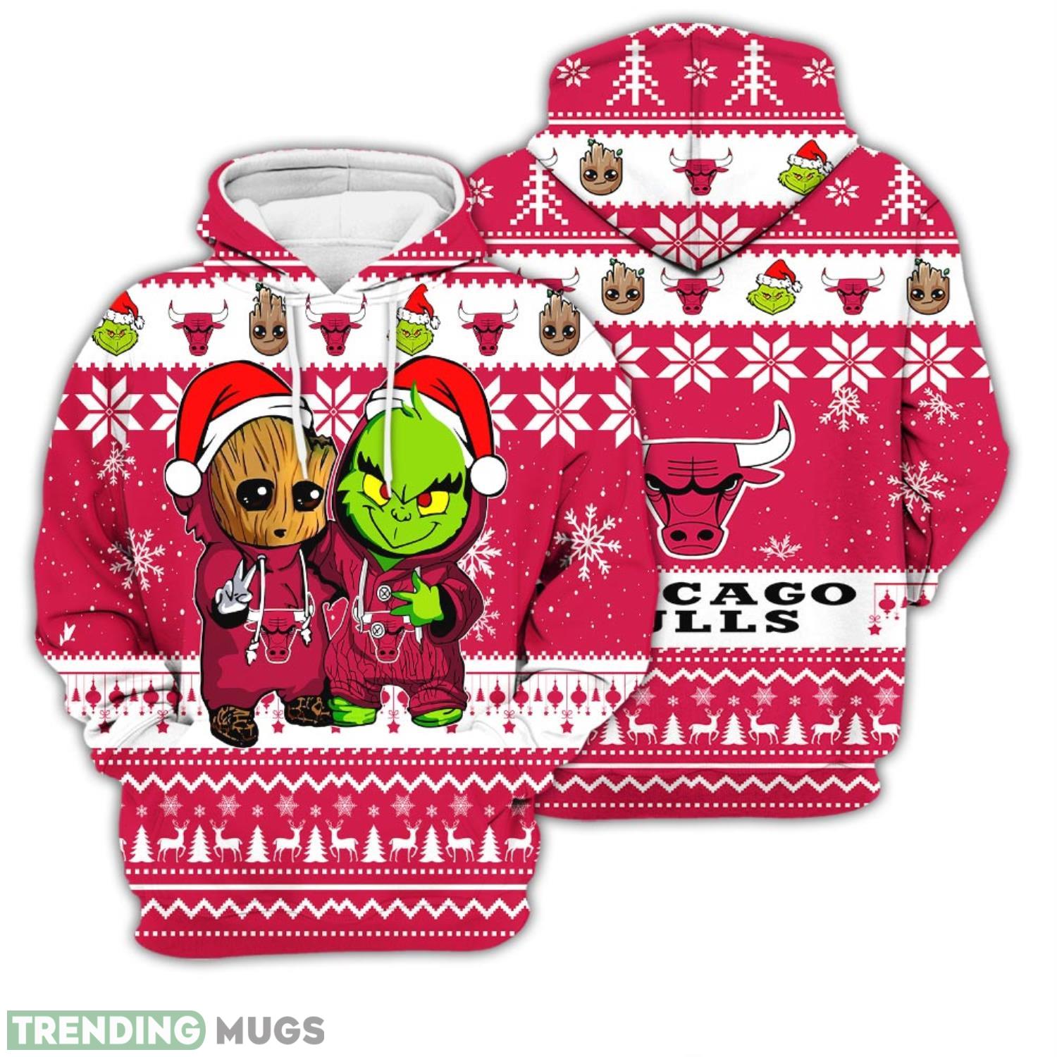 Christmas Hoodie Chicago Bulls Baby Groot And Grinch Best Friends Unisex 3D Hoodie Product Photo 1