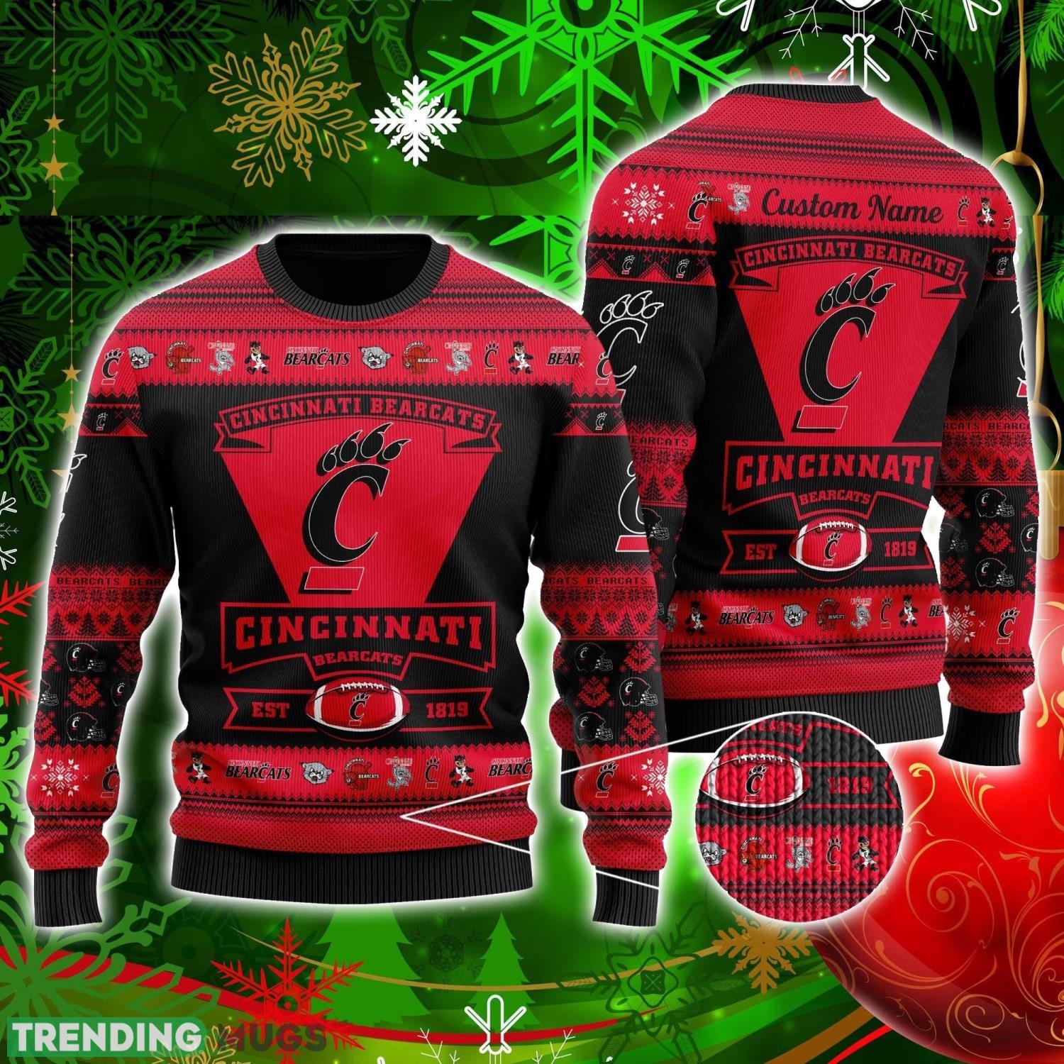 Cincinnati Bearcats Football Team Logo Custom Name Personalized Ugly Christmas Sweater Christmas Gift For Big Fans Product Photo 1 Cincinnati Bearcats Football Team Logo Custom Name Personalized Ugly Christmas Sweater Christmas Gift For Big Fans Product Photo 1