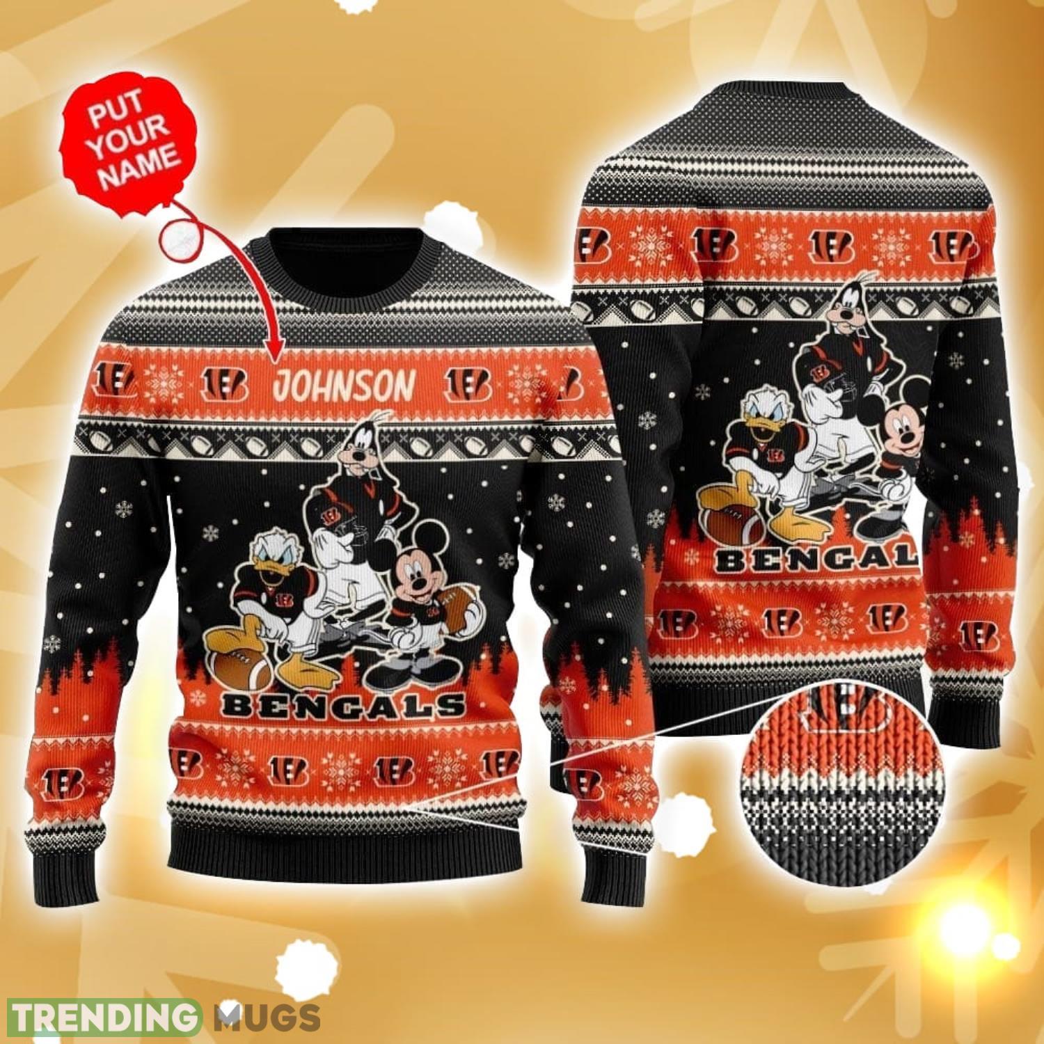 Cincinnati Bengals Disney Donald Duck Mickey Mouse Goofy Custom Name Sport Fans Christmas Gift Ugly Christmas Sweater Product Photo 1 Cincinnati Bengals Disney Donald Duck Mickey Mouse Goofy Custom Name Sport Fans Christmas Gift Ugly Christmas Sweater Product Photo 1