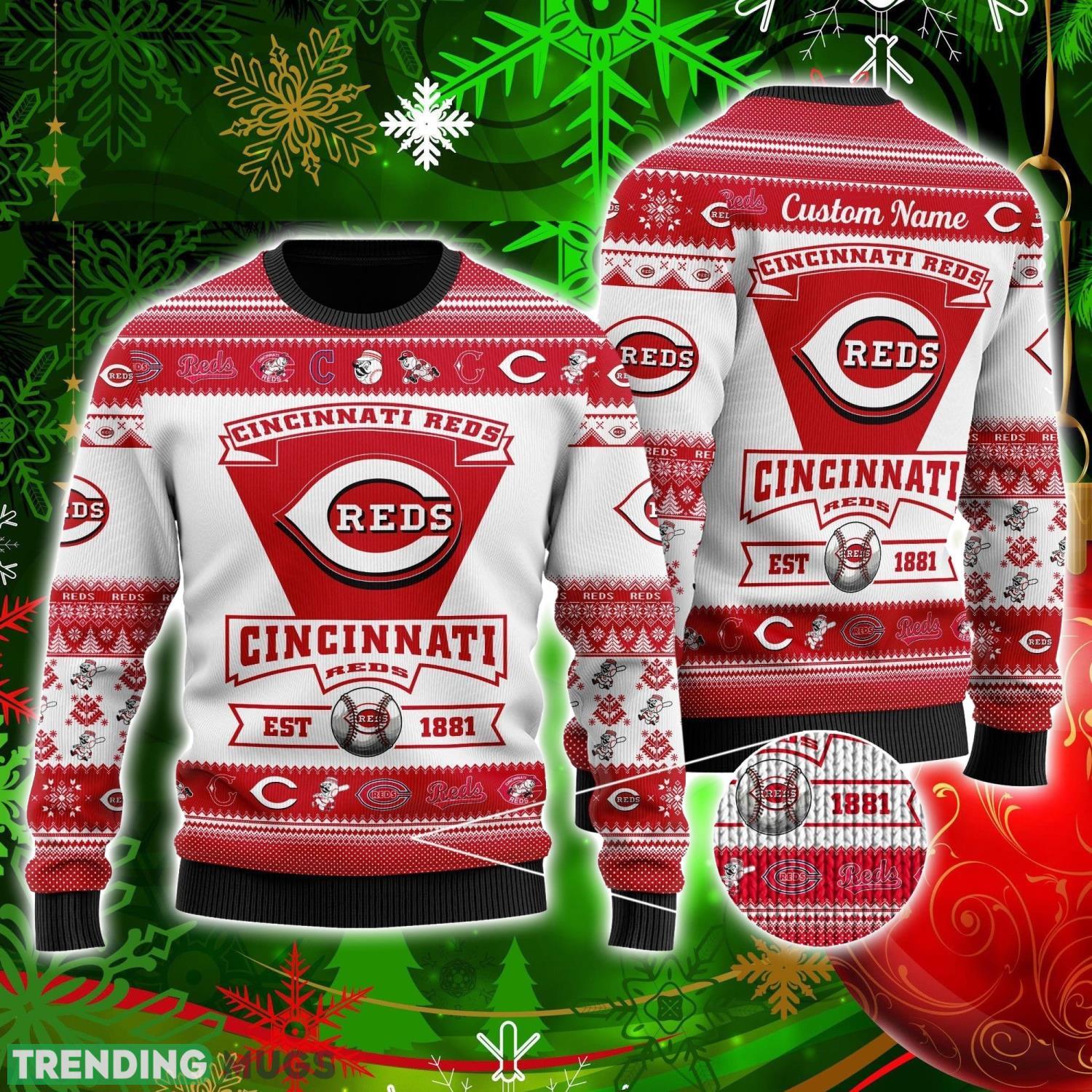 Cincinnati Reds Football Team Logo Custom Name Personalized Ugly Christmas Sweater Christmas Gift For Big Fans Product Photo 1 Cincinnati Reds Football Team Logo Custom Name Personalized Ugly Christmas Sweater Christmas Gift For Big Fans Product Photo 1