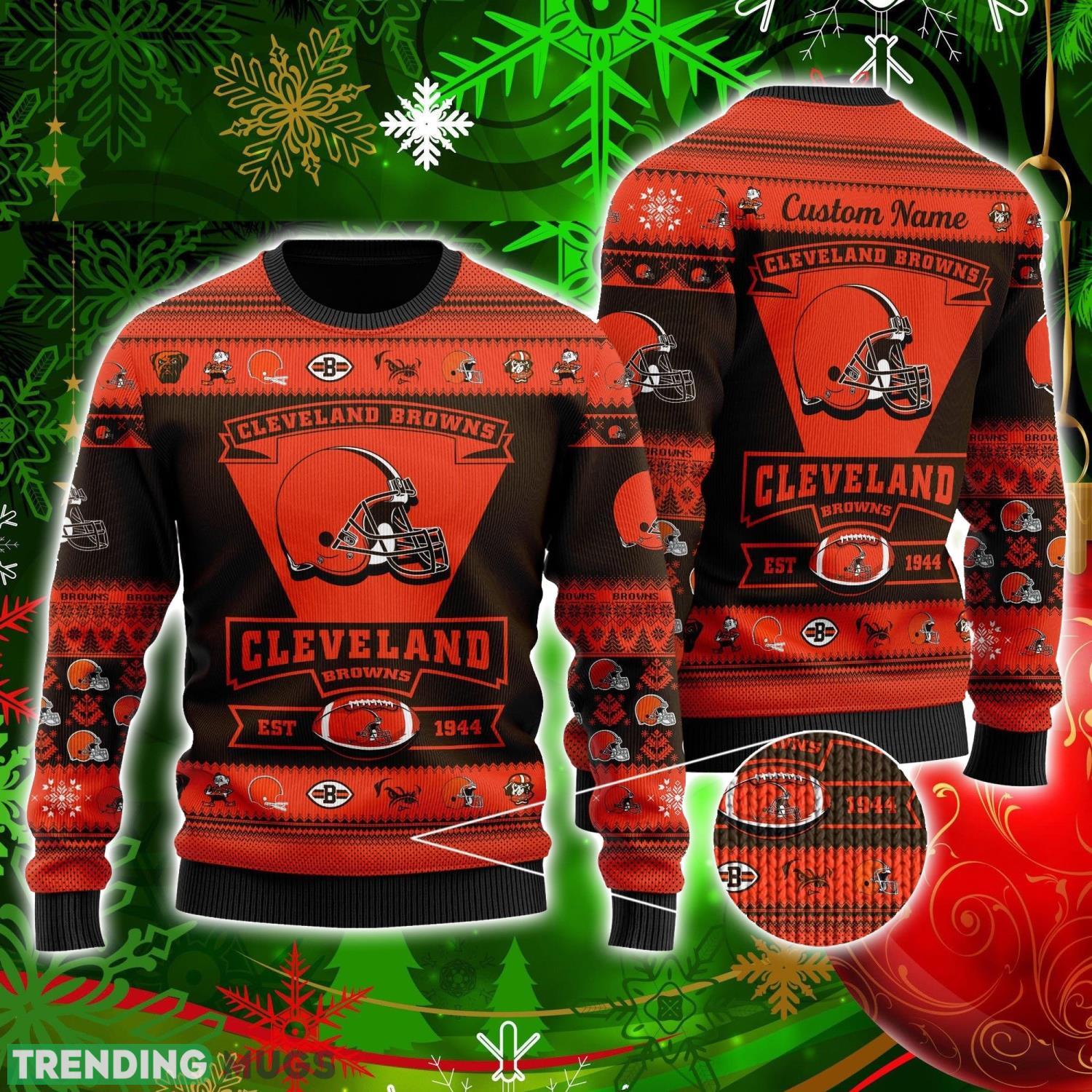 Cleveland Browns Football Team Logo Custom Name Personalized Ugly Christmas Sweater Christmas Gift For Big Fans Product Photo 1 Cleveland Browns Football Team Logo Custom Name Personalized Ugly Christmas Sweater Christmas Gift For Big Fans Product Photo 1