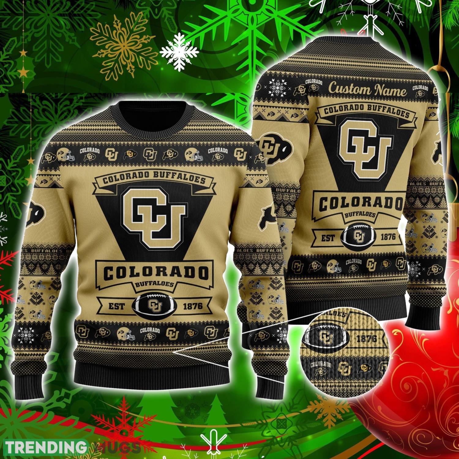 Colorado Buffaloes Football Team Logo Custom Name Personalized Ugly Christmas Sweater Christmas Gift For Big Fans Product Photo 1 Colorado Buffaloes Football Team Logo Custom Name Personalized Ugly Christmas Sweater Christmas Gift For Big Fans Product Photo 1
