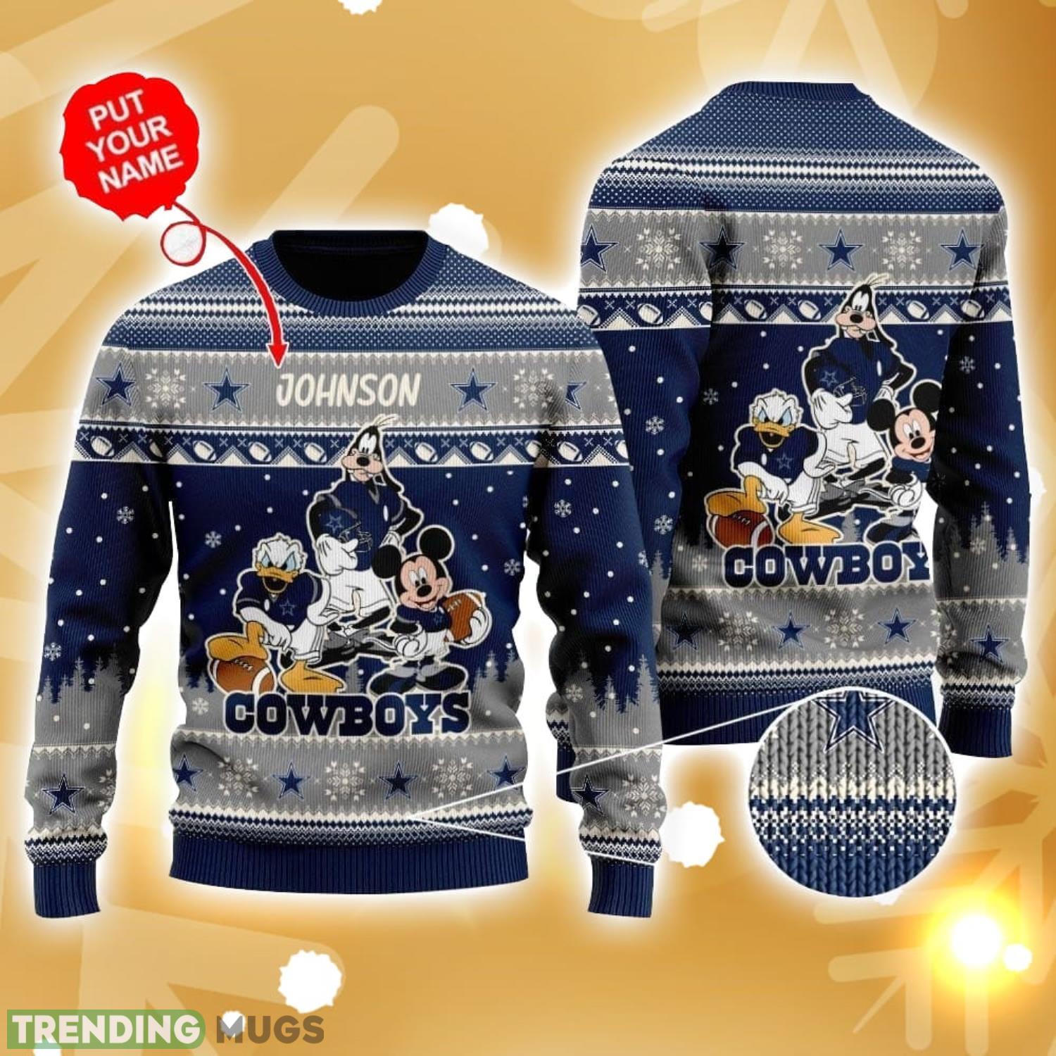 Dallas Cowboys Disney Donald Duck Mickey Mouse Goofy Custom Name Sport Fans Christmas Gift Ugly Christmas Sweater Product Photo 1 Dallas Cowboys Disney Donald Duck Mickey Mouse Goofy Custom Name Sport Fans Christmas Gift Ugly Christmas Sweater Product Photo 1