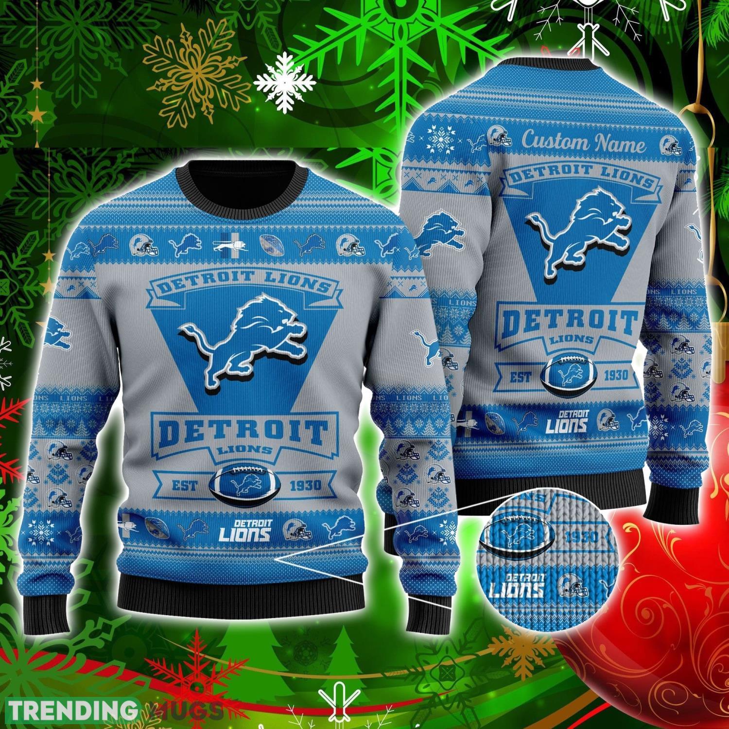 Detroit Lions Football Team Logo Custom Name Personalized Ugly Christmas Sweater Christmas Gift For Big Fans Product Photo 1 Detroit Lions Football Team Logo Custom Name Personalized Ugly Christmas Sweater Christmas Gift For Big Fans Product Photo 1