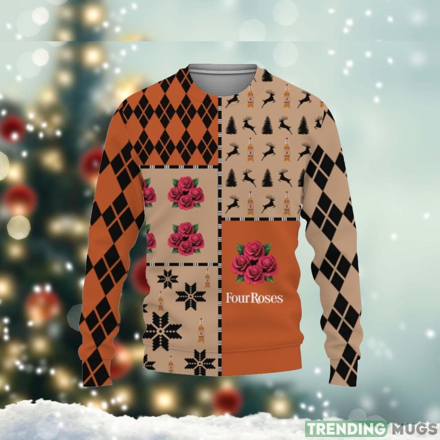 Four Roses Whiskey Merry Christmas Whiskey And Beers Reindeer Pattern Ugly Christmas Sweater Cute Gift Product Photo 1 Four Roses Whiskey Merry Christmas Whiskey And Beers Reindeer Pattern Ugly Christmas Sweater Cute Gift Product Photo 1
