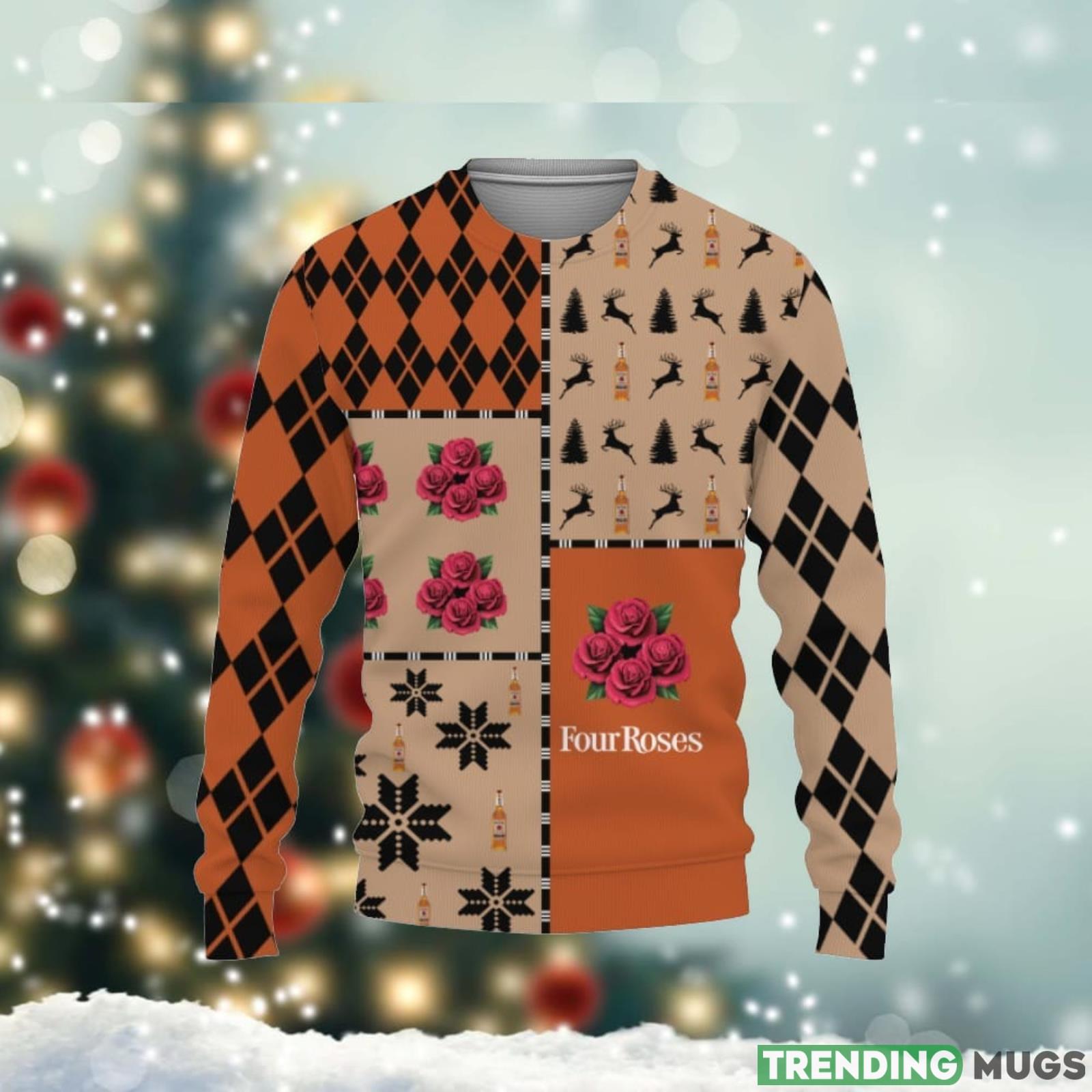 Four Roses Whiskey Merry Christmas Whiskey And Beers Reindeer Pattern Ugly Christmas Sweater Product Photo 1 Four Roses Whiskey Merry Christmas Whiskey And Beers Reindeer Pattern Ugly Christmas Sweater Product Photo 1